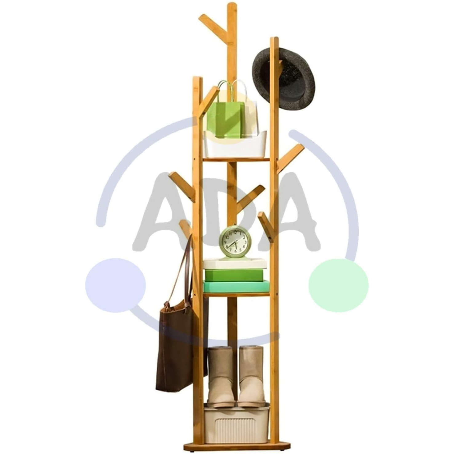 Ada Premium Large Natural Bamboo Wood Tree Garment Clothes Coat Hat Umbrella Portable Hanger Stand Rack With 3-Tier Storage Shelves And Hooks (L 15.7 X W 12.9 X H 66.9 Inch)