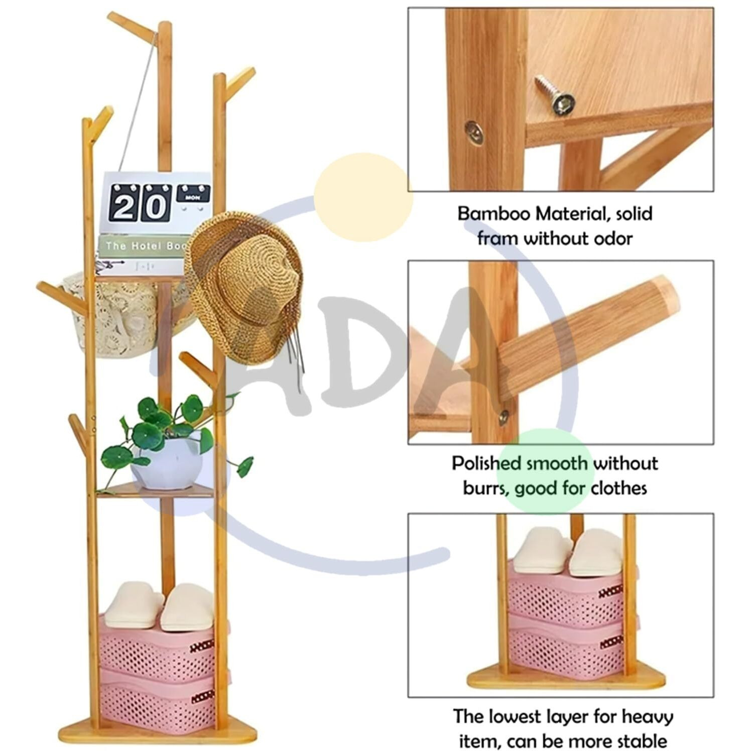 Ada Premium Large Natural Bamboo Wood Tree Garment Clothes Coat Hat Umbrella Portable Hanger Stand Rack With 3-Tier Storage Shelves And Hooks (L 15.7 X W 12.9 X H 66.9 Inch)
