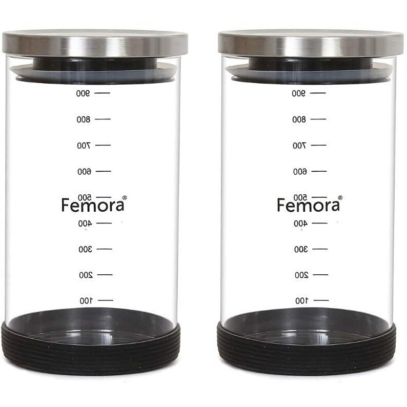 Femora Borosilicate Glass Jar With Silicon Bottom & Air Tight Steel Lid|Glass Jars For Kitchen|Kitchen Storage Jars|1 Year Warranty|Jars For Gifting, Snacks, Spice, Cookies, Dry Food|900 Ml| Set Of 2
