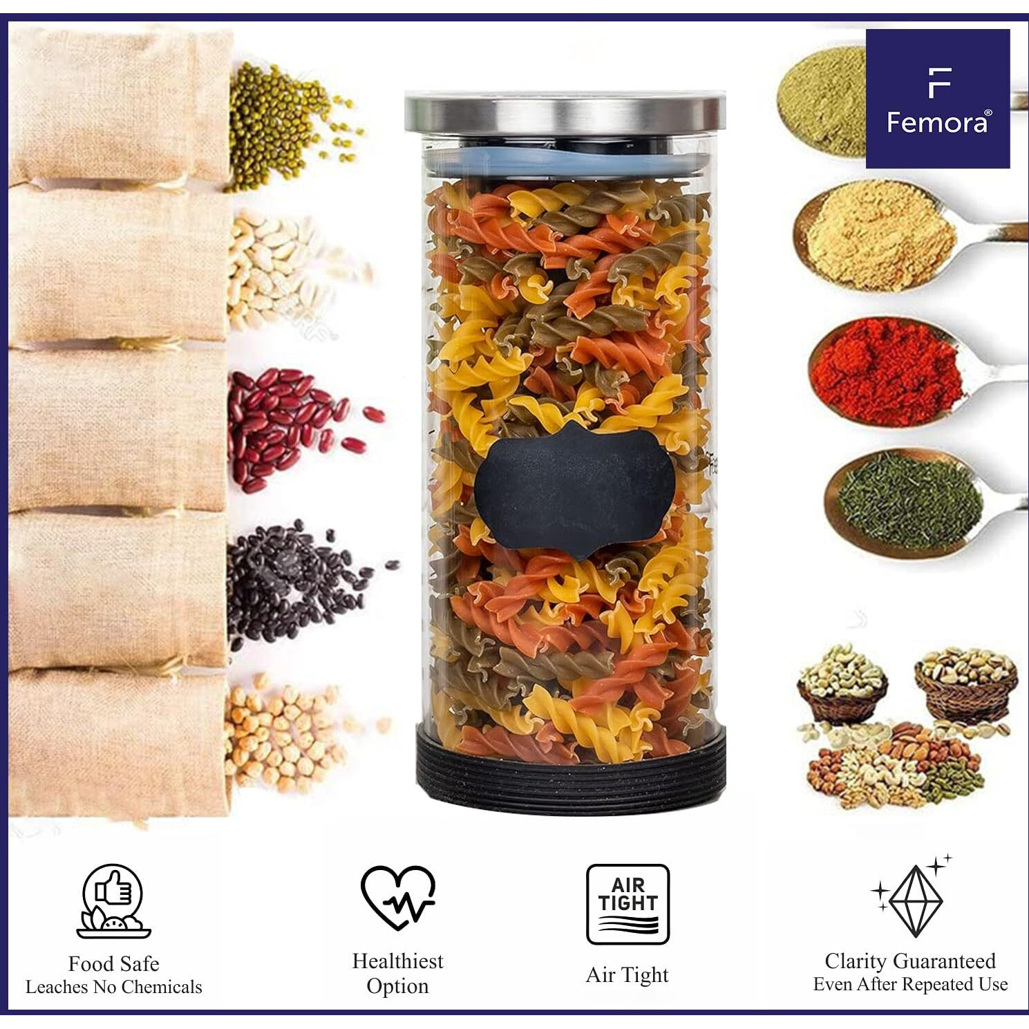 Femora Borosilicate Glass Jar With Silicon Bottom & Air Tight Steel Lid|Glass Jars For Kitchen|Kitchen Storage Jars|1 Year Warranty|Jars For Gifting, Snacks, Spice, Cookies, Dry Food|900 Ml| Set Of 2