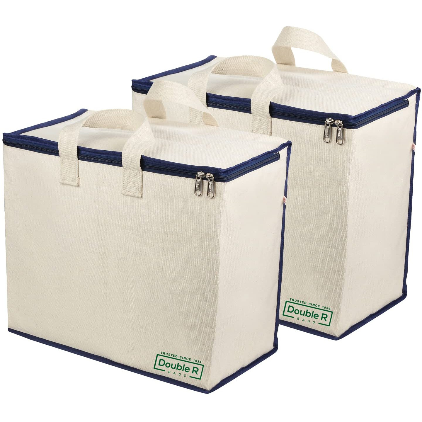 Double R Bags Canvas Reinforced Cotton Handles Multipurpose Storage Organizer For Grocery Vegetable Shopping And Covers Zip Bags (Navy) -Pack Of 2
