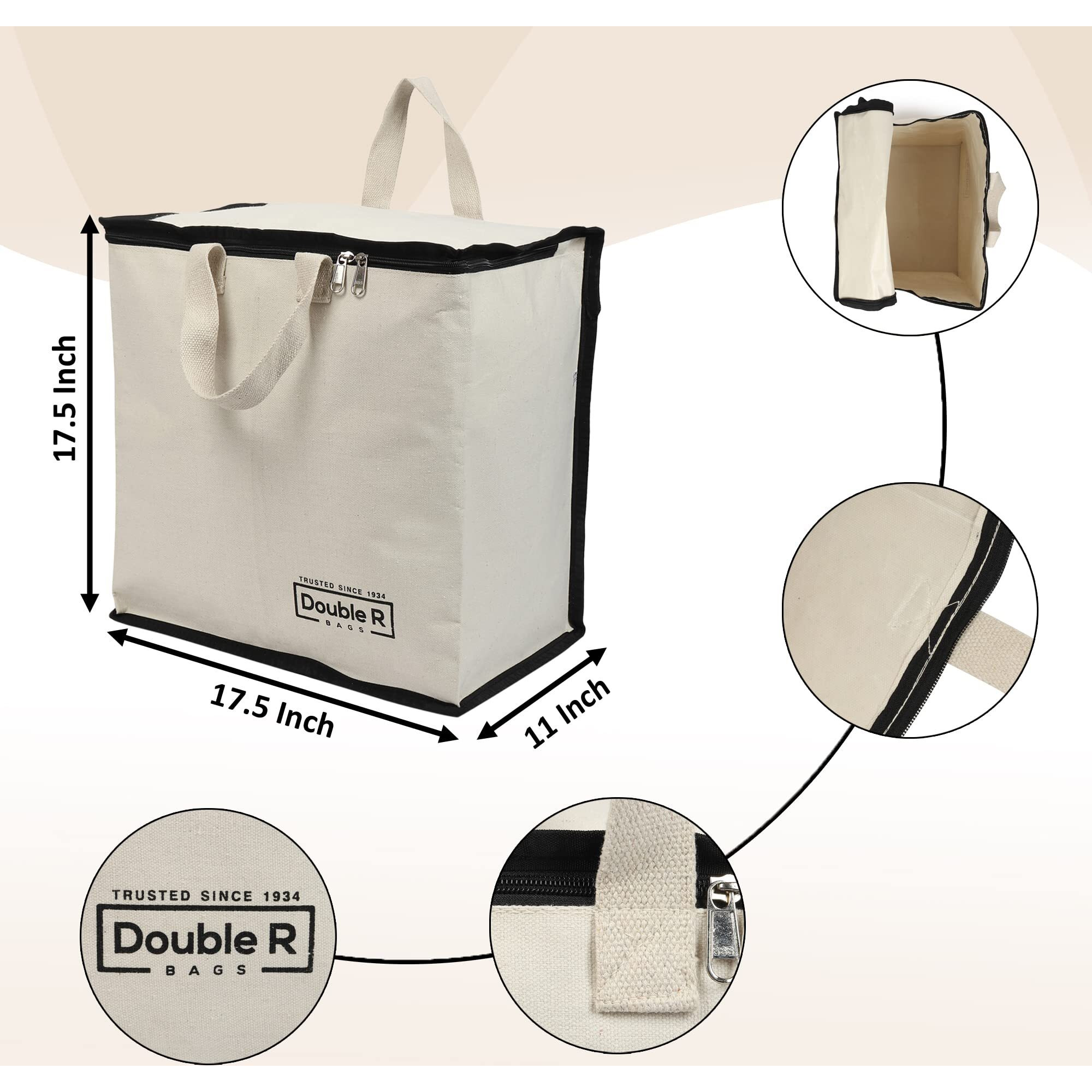 Double R Bags Canvas Reinforced Cotton Handles With Multipurpose Clothes Storage Organizer For Grocery Vegetable Shopping And Covers Zip Bags (Black) -Pack Of 2