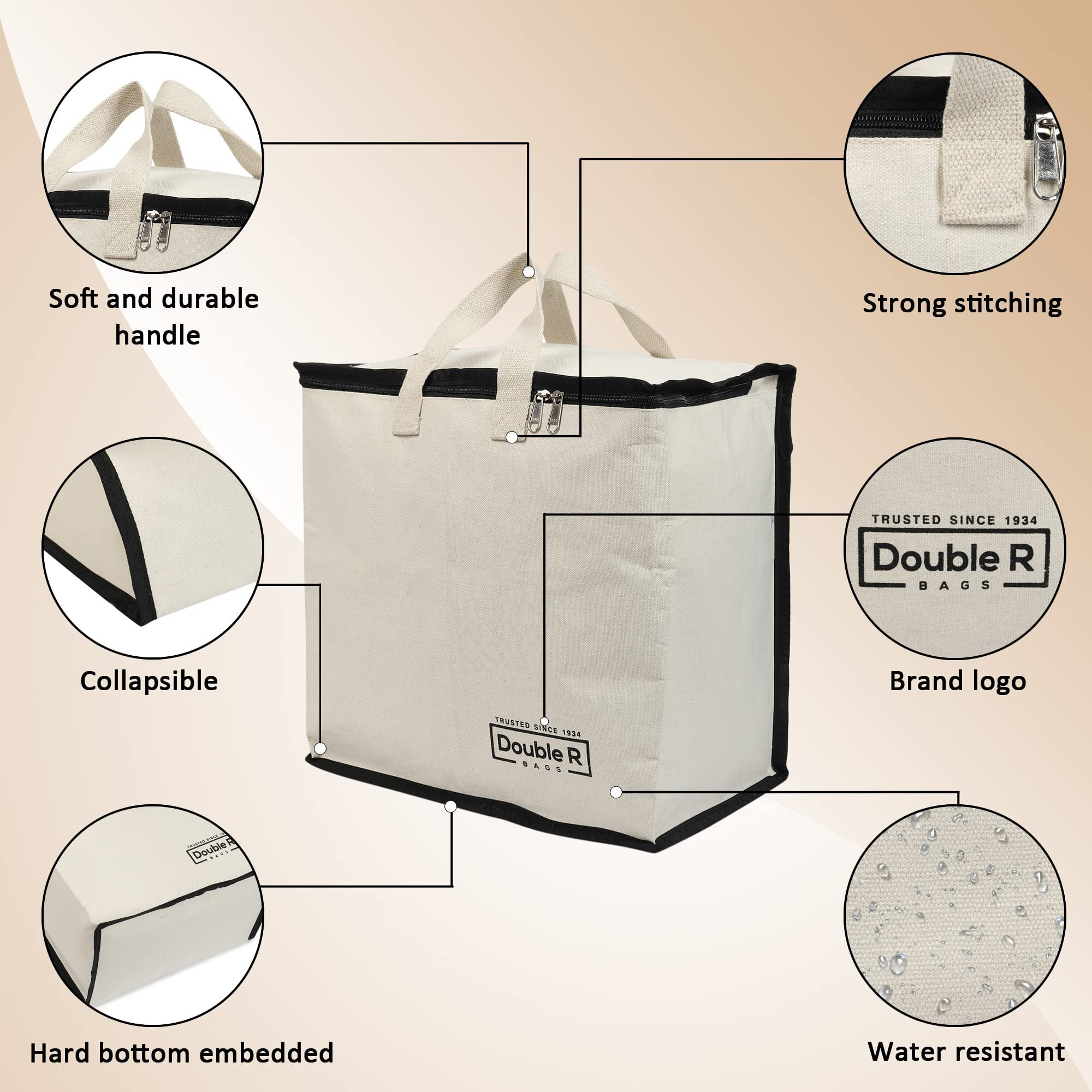 Double R Bags Canvas Reinforced Cotton Handles With Multipurpose Clothes Storage Organizer For Grocery Vegetable Shopping And Covers Zip Bags (Black) -Pack Of 2