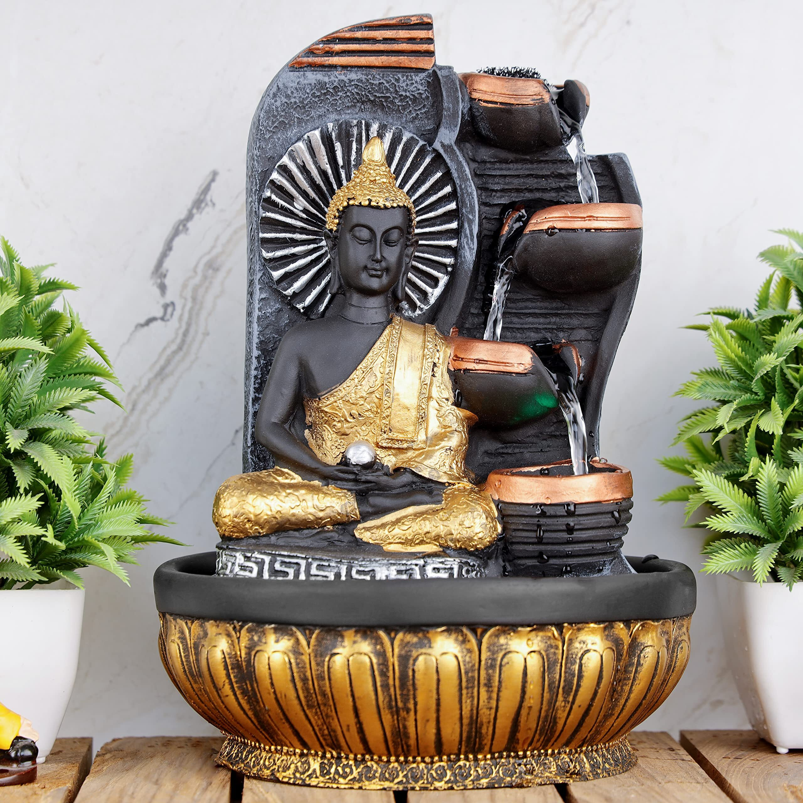 Global Grabbers Polyresin Table Top Indoor Outdoor Water Fall Fountain With Led Lights Home Decor Decoration Gift Gifting Items-Gol_Gry-Sg14-(000)
