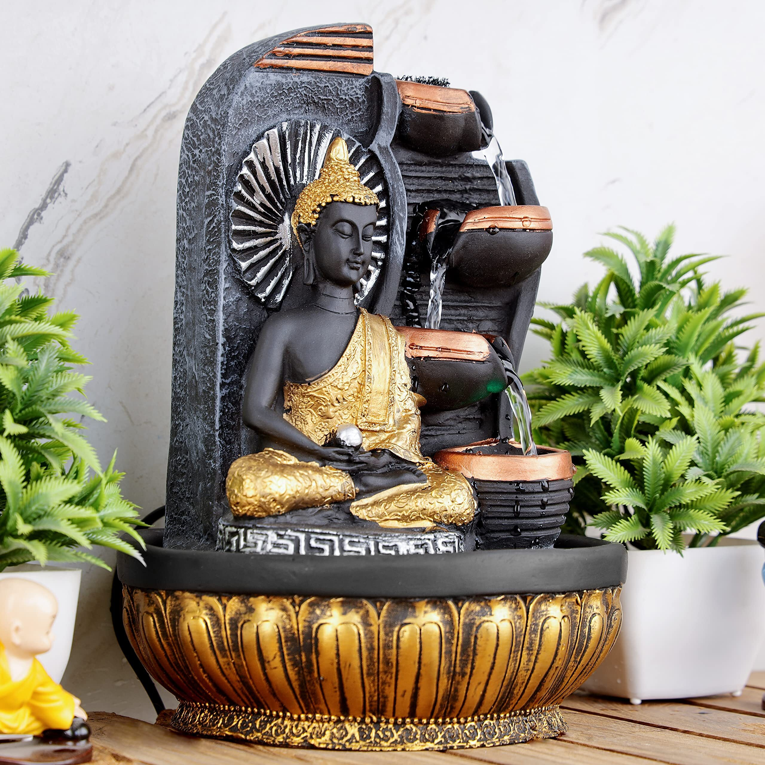 Global Grabbers Polyresin Table Top Indoor Outdoor Water Fall Fountain With Led Lights Home Decor Decoration Gift Gifting Items-Gol_Gry-Sg14-(000)