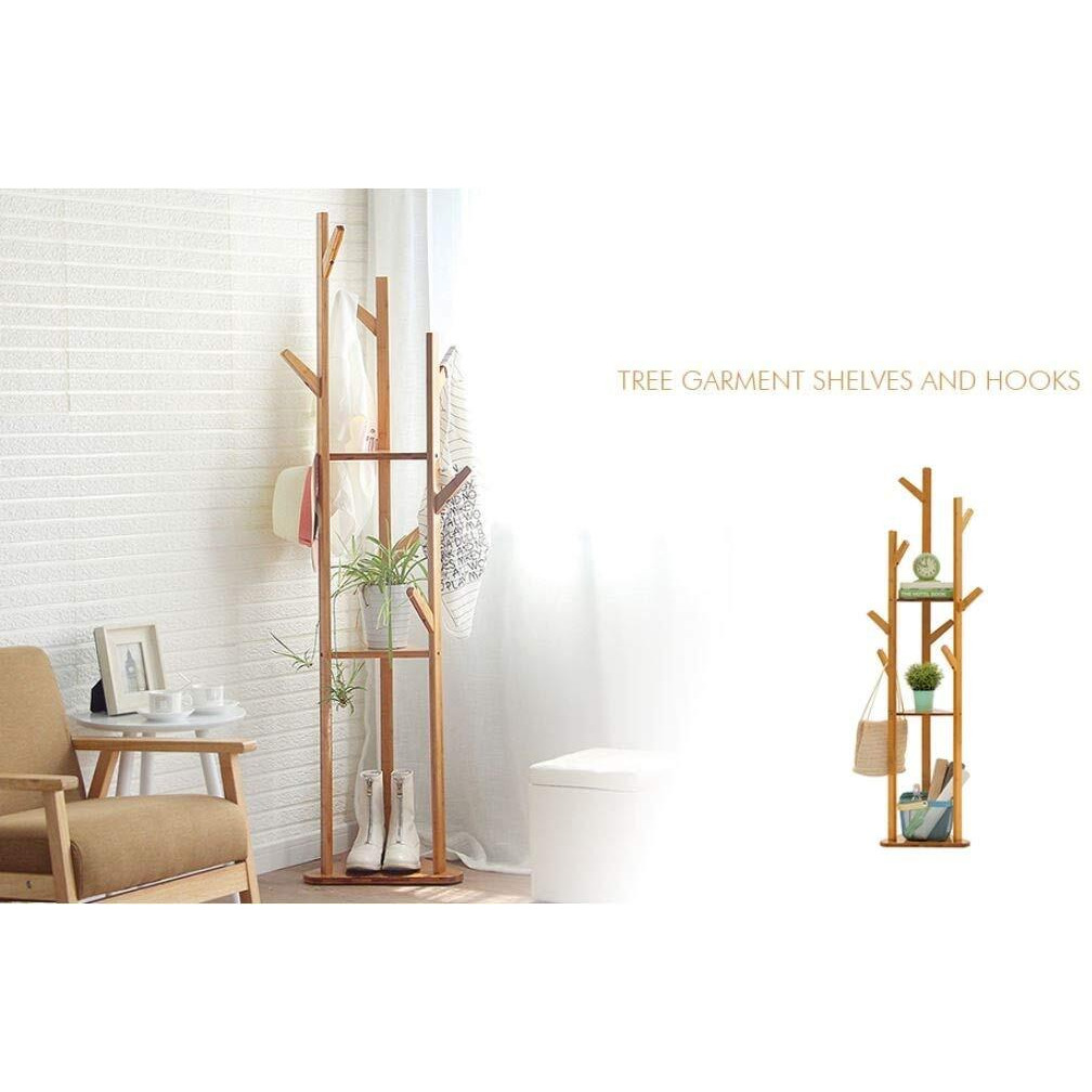 Leopax Bamboo Tree Garment/Clothes Portable Hanger Stand Rack With 3-Tier Storage Shelves And Hooks (L 15.7 X W 12.9 X H 66.9 Inch, Wooden Yellow), 39.88 X 32.77 X 169.93 Cm