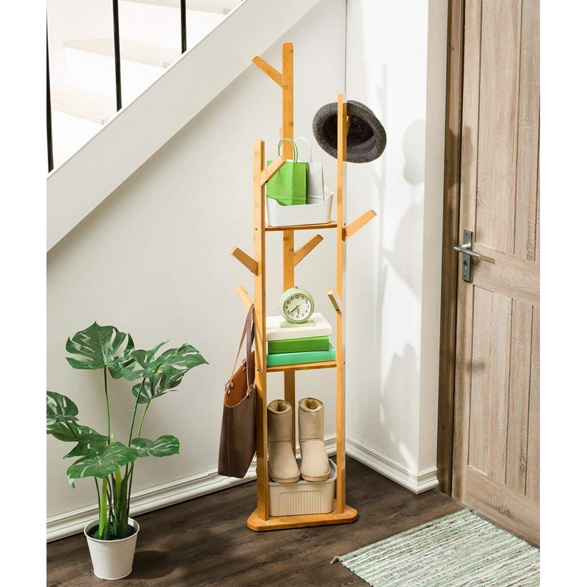 Leopax Bamboo Tree Garment/Clothes Portable Hanger Stand Rack With 3-Tier Storage Shelves And Hooks (L 15.7 X W 12.9 X H 66.9 Inch, Wooden Yellow), 39.88 X 32.77 X 169.93 Cm