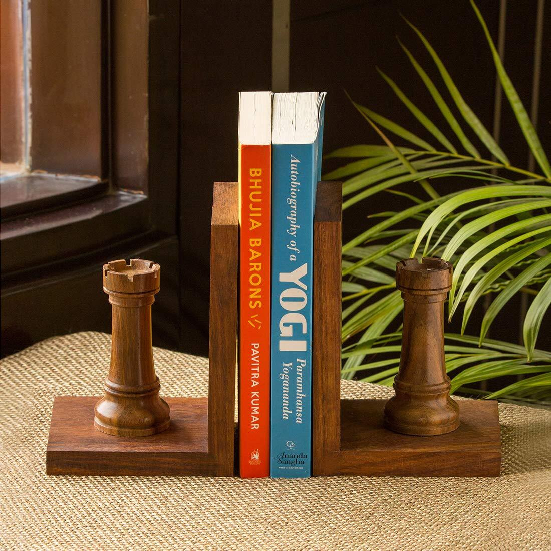 Exclusivelane 'Chess Rook' Handcrafted Wooden Book Ends For Shelf (Sheesham Wood) | Bookends For Heavy Books Shelf For Home Book Stand Book Ends For Table Book Holder Book Stopper Book Ends Wooden