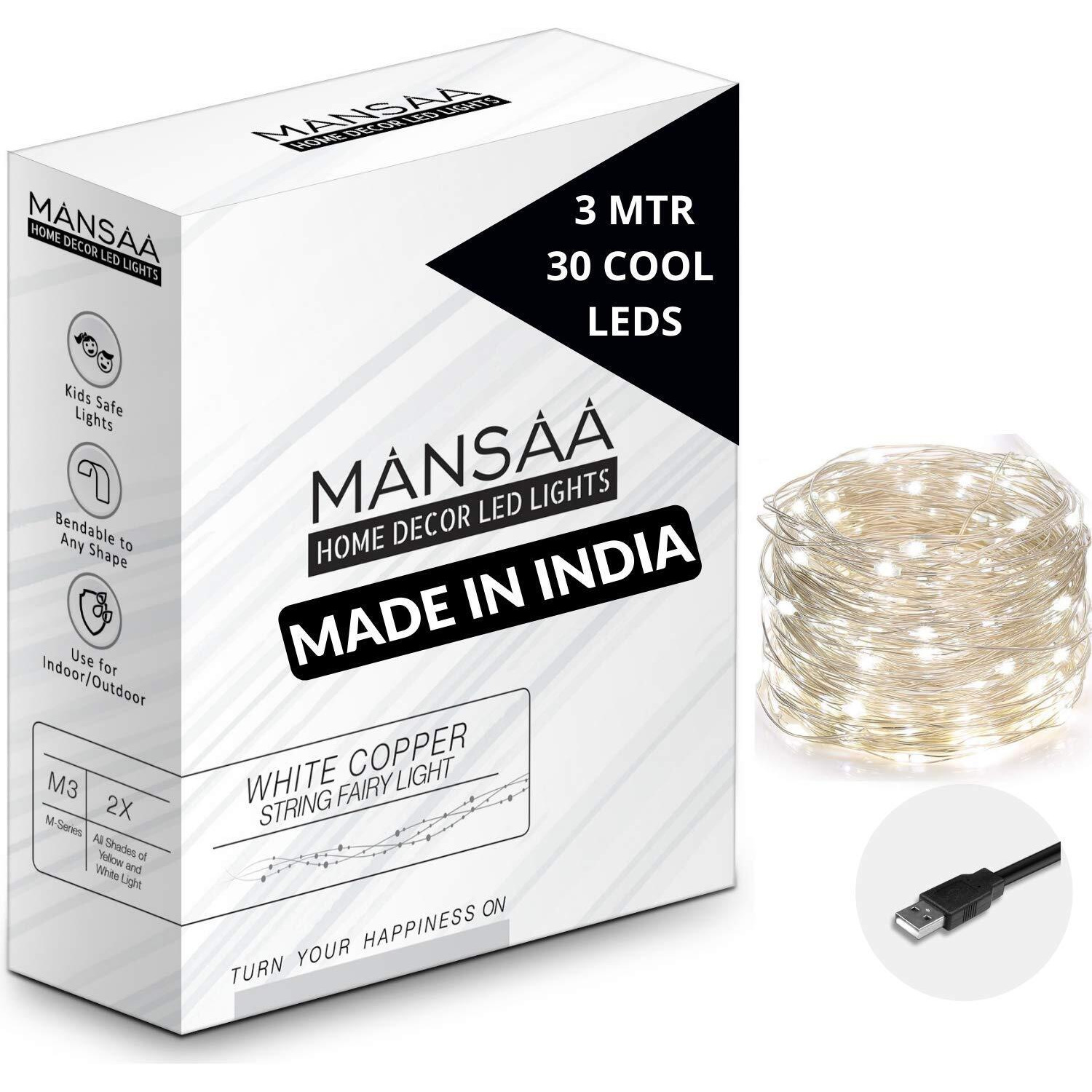 Mansaa Fairy Lights | 18 Months Warranty | 3 Meter, 30 Leds | Lights For Home Decoration, Led Lights, String Lights For Home Decoration, String Light, Usb Operated - M51 (White, Pack Of 1)
