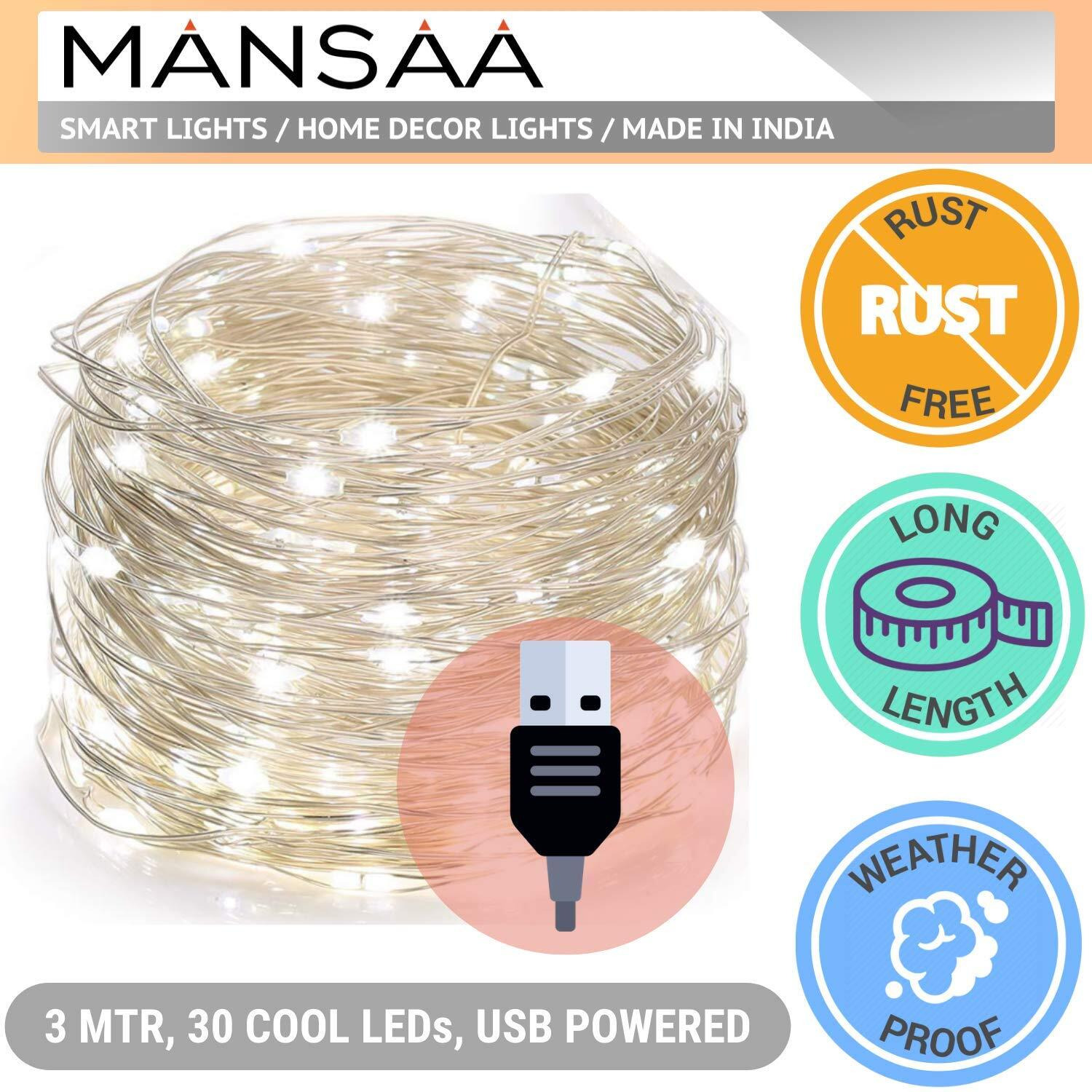 Mansaa Fairy Lights | 18 Months Warranty | 3 Meter, 30 Leds | Lights For Home Decoration, Led Lights, String Lights For Home Decoration, String Light, Usb Operated - M51 (White, Pack Of 1)
