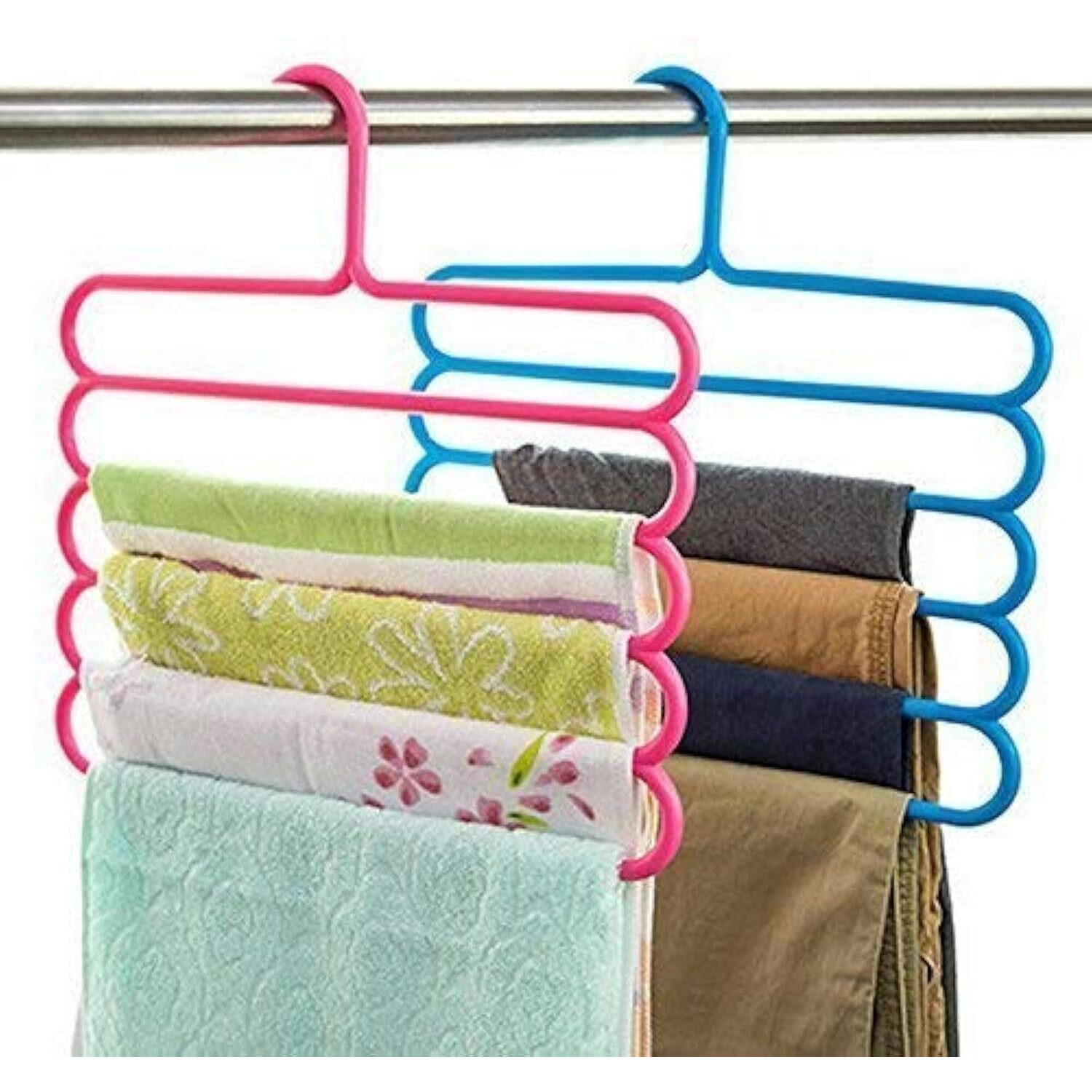 Inditradition 5 Layer Pant Cloth Hanger, Wardrobe Hanger | Space Saving Multi-Layer Design, Assorted Colour, Plastic (Pack Of 2)