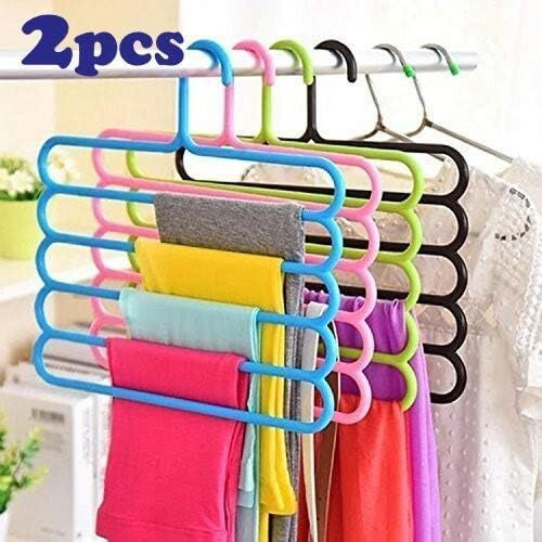 Inditradition 5 Layer Pant Cloth Hanger, Wardrobe Hanger | Space Saving Multi-Layer Design, Assorted Colour, Plastic (Pack Of 2)