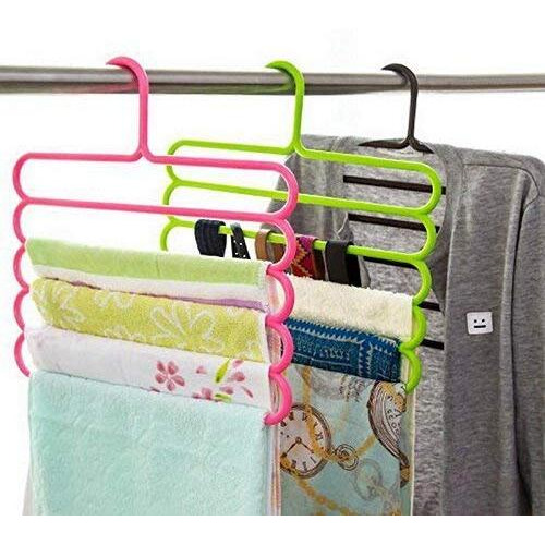 Inditradition 5 Layer Pant Cloth Hanger, Wardrobe Hanger | Space Saving Multi-Layer Design, Assorted Colour, Plastic (Pack Of 8)