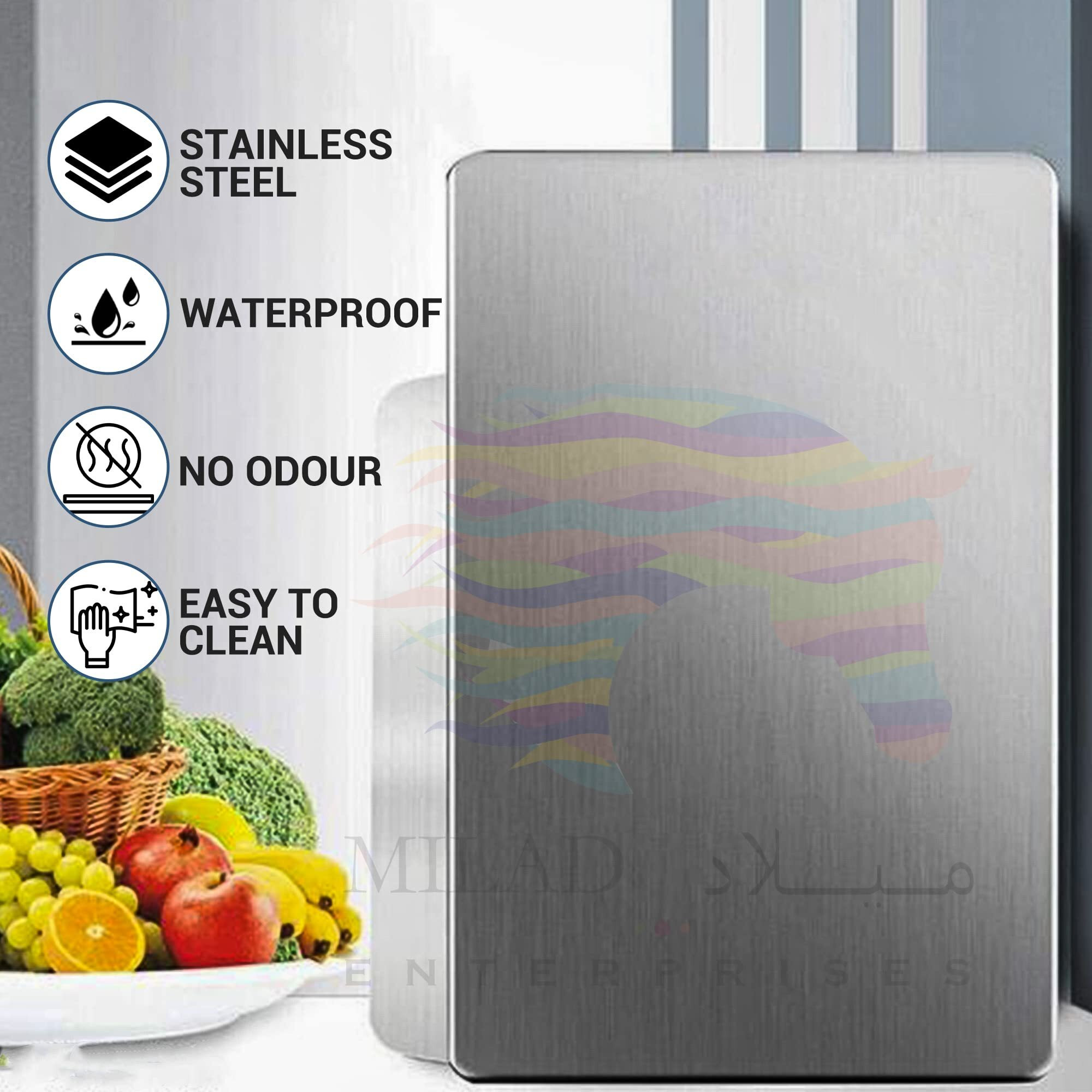 Milad Stainless Steel Chopping Board | Fruits | Vegetables | Collapsible | Cutter | Kneading Board | Kitchen Accessories | Countertop (30 L X 20 W X 0.1 H Cm's, New)