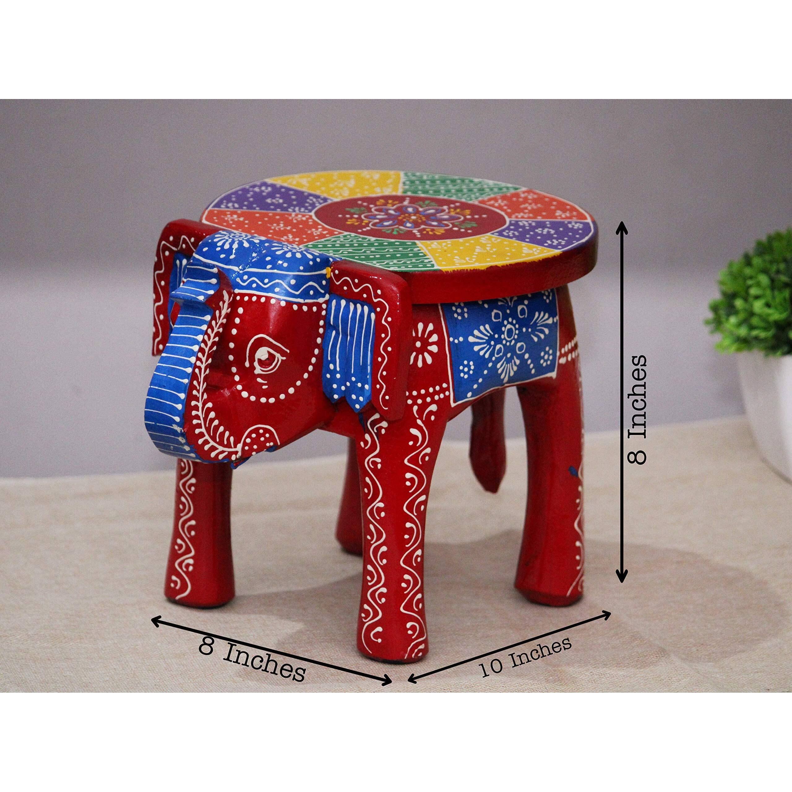 Jh Gallery Handcrafted And Emboss Painted Colorful Wood Elephant Shape Garden Table (8 Inches Height, Red)