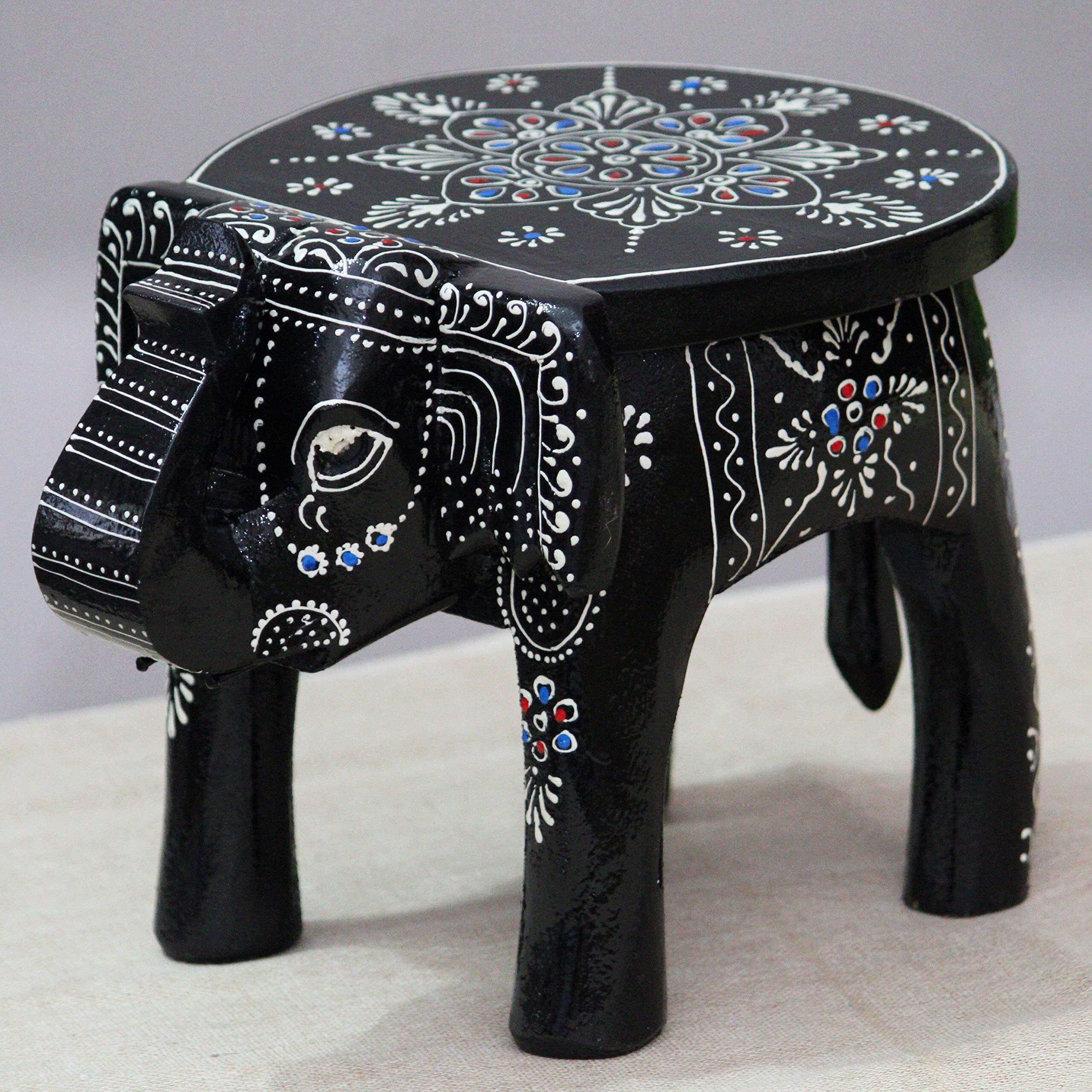 Jh Gallery Handcrafted And Emboss Painted Colorful Wooden Elephant Shape Stool Table (8 Inches Height, Black)