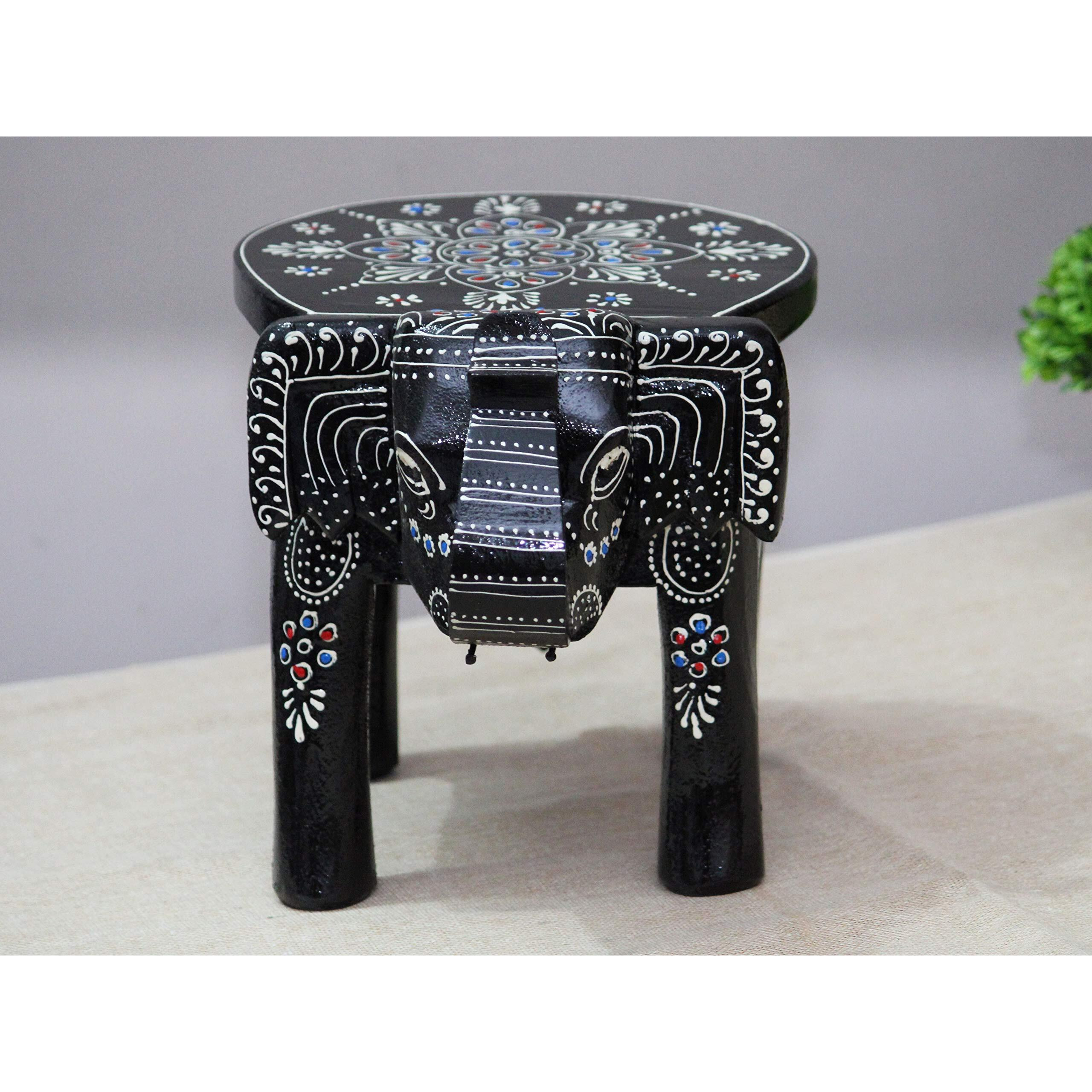 Jh Gallery Handcrafted And Emboss Painted Colorful Wooden Elephant Shape Stool Table (8 Inches Height, Black)