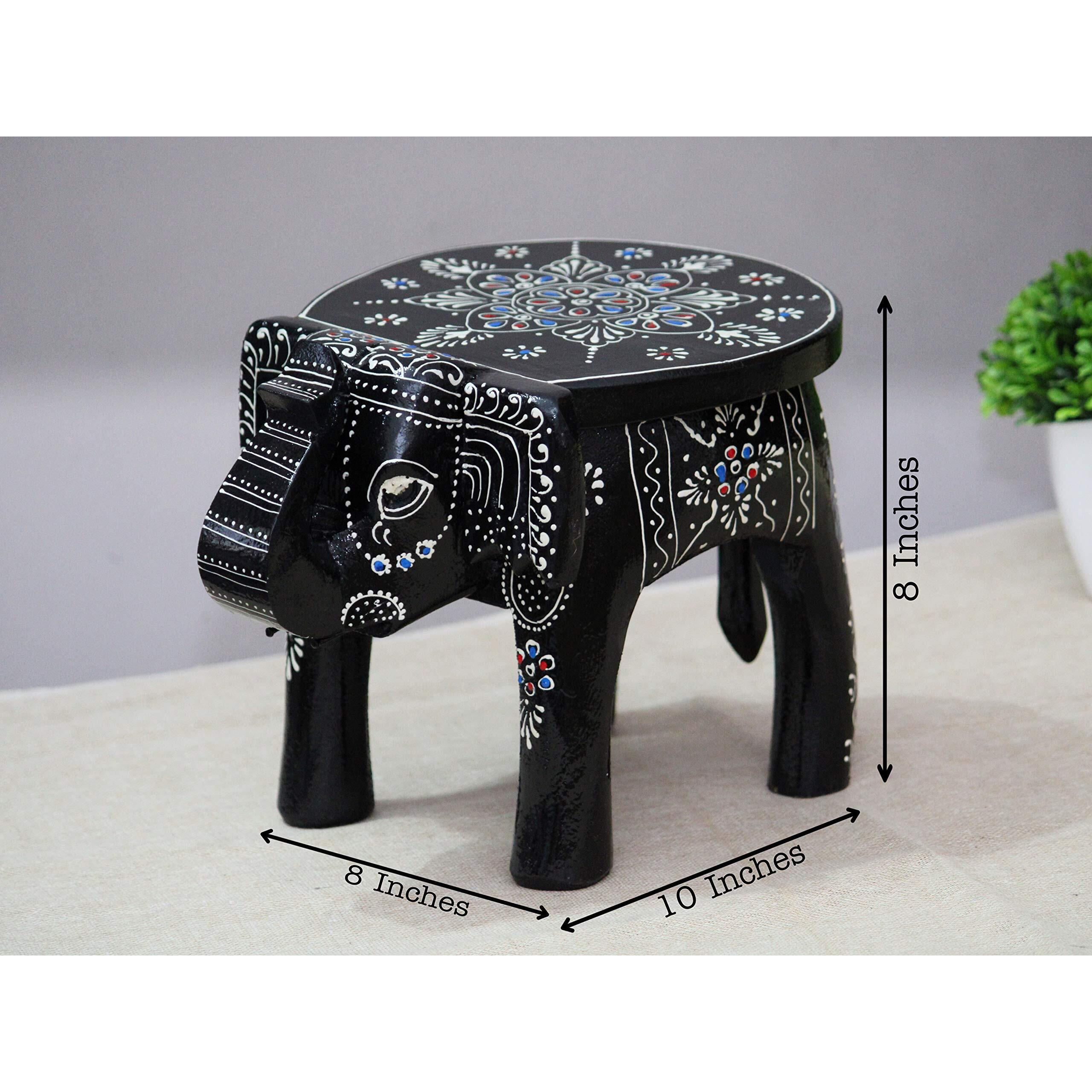Jh Gallery Handcrafted And Emboss Painted Colorful Wooden Elephant Shape Stool Table (8 Inches Height, Black)