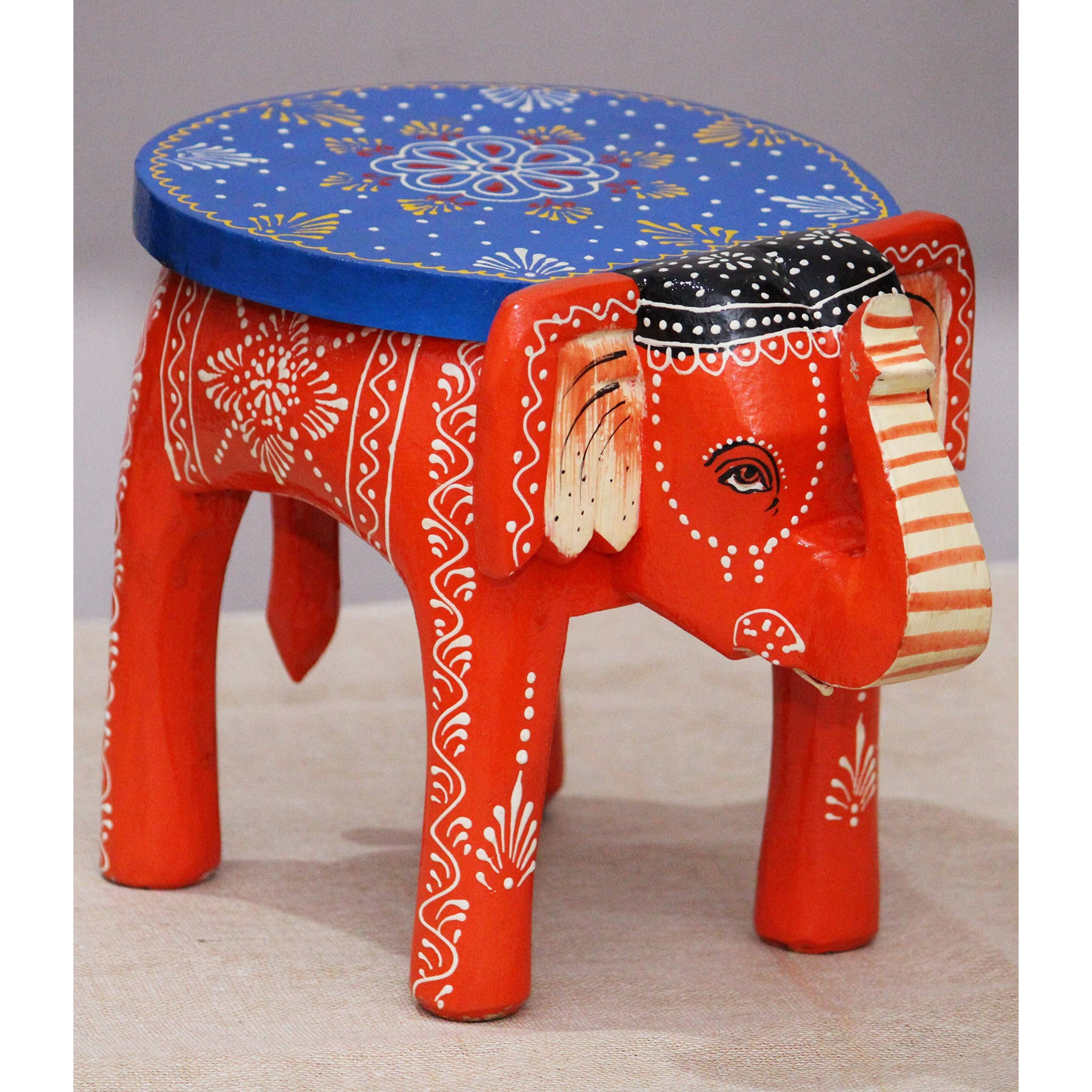 Jh Gallery Handcrafted And Emboss Painted Colorful Wooden Elephant Stool/Side Table For Home/Office/Living Or Bedroom Decor (Orange)