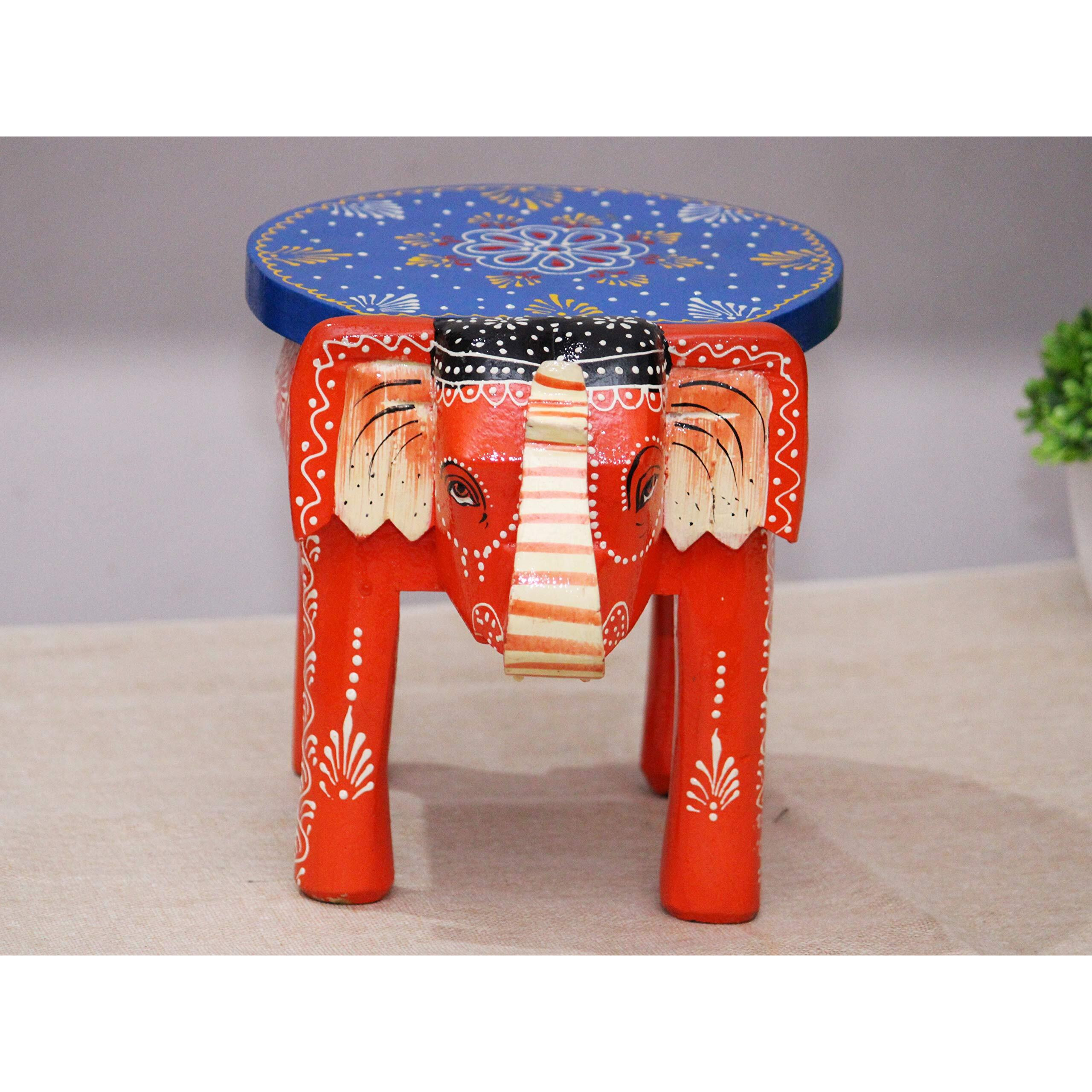 Jh Gallery Handcrafted And Emboss Painted Colorful Wooden Elephant Stool/Side Table For Home/Office/Living Or Bedroom Decor (Orange)