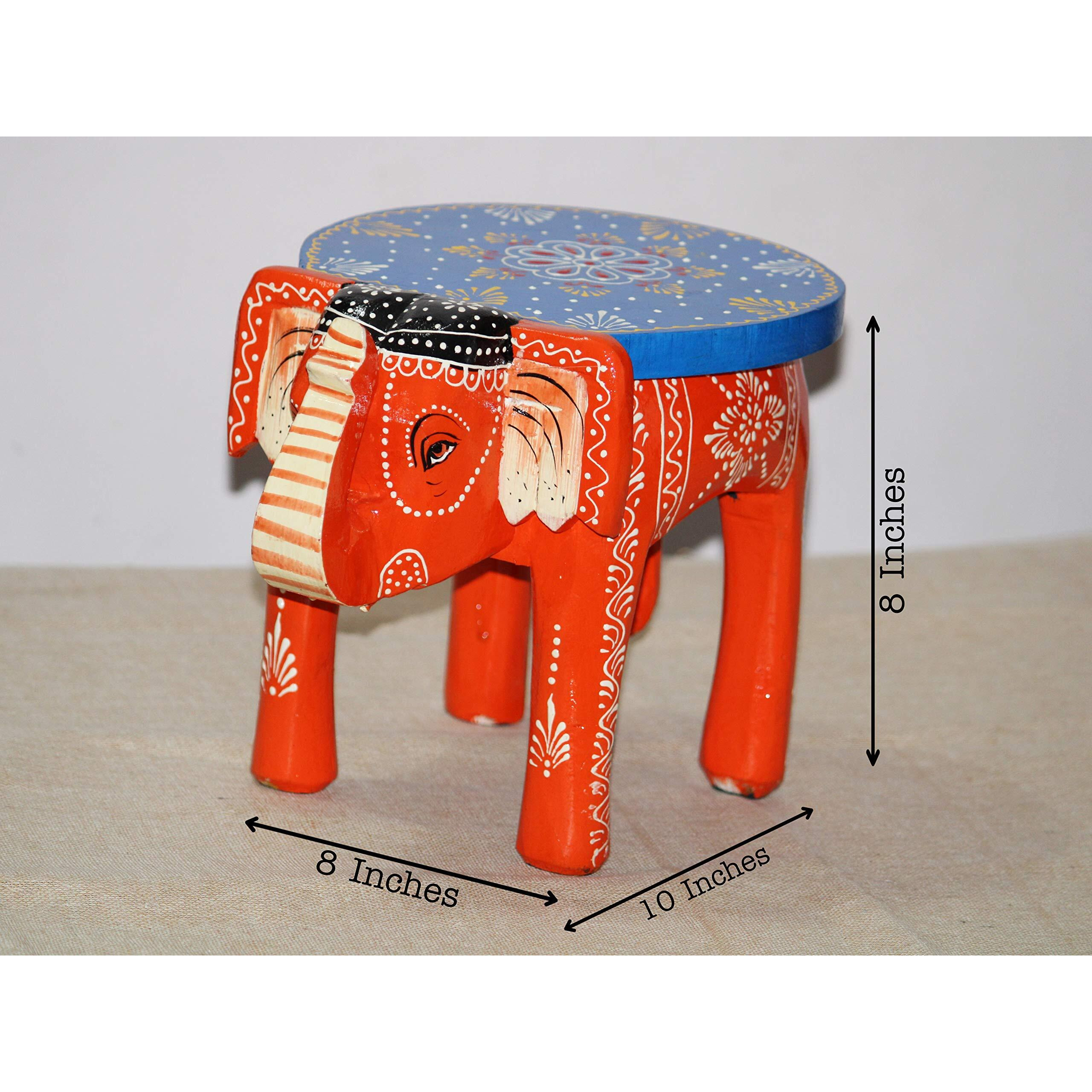 Jh Gallery Handcrafted And Emboss Painted Colorful Wooden Elephant Stool/Side Table For Home/Office/Living Or Bedroom Decor (Orange)
