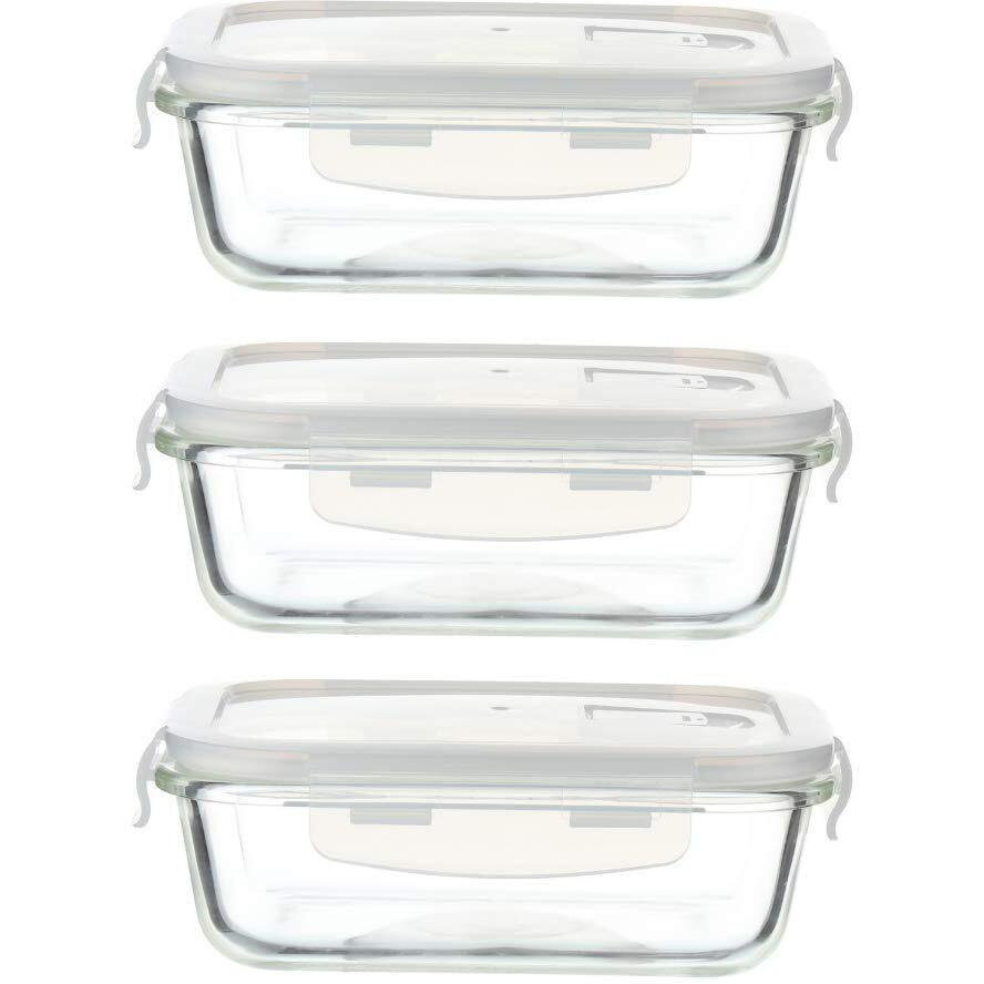 Femora Borosilicate Glass Containers For Kitchen | 1 Year Warranty | Container Boxes For Storage, Storage Box For Kitchen With Air Vent Lid, Microwave Safe Utensils, Rectangular (Set Of 3-620 Each)
