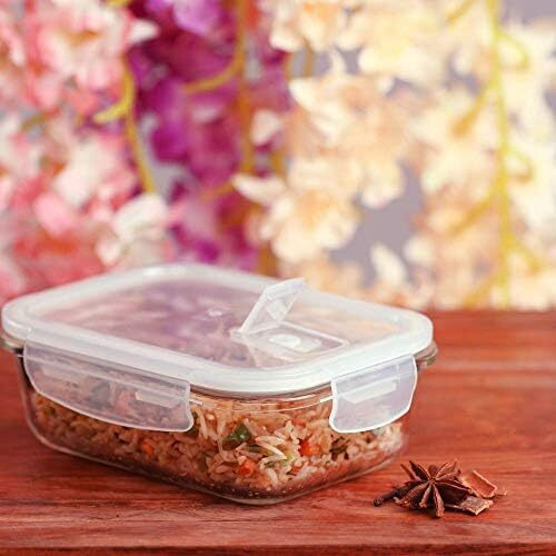Femora Borosilicate Glass Containers For Kitchen | 1 Year Warranty | Container Boxes For Storage, Storage Box For Kitchen With Air Vent Lid, Microwave Safe, Rectangular (Set Of 2-400Ml Each)