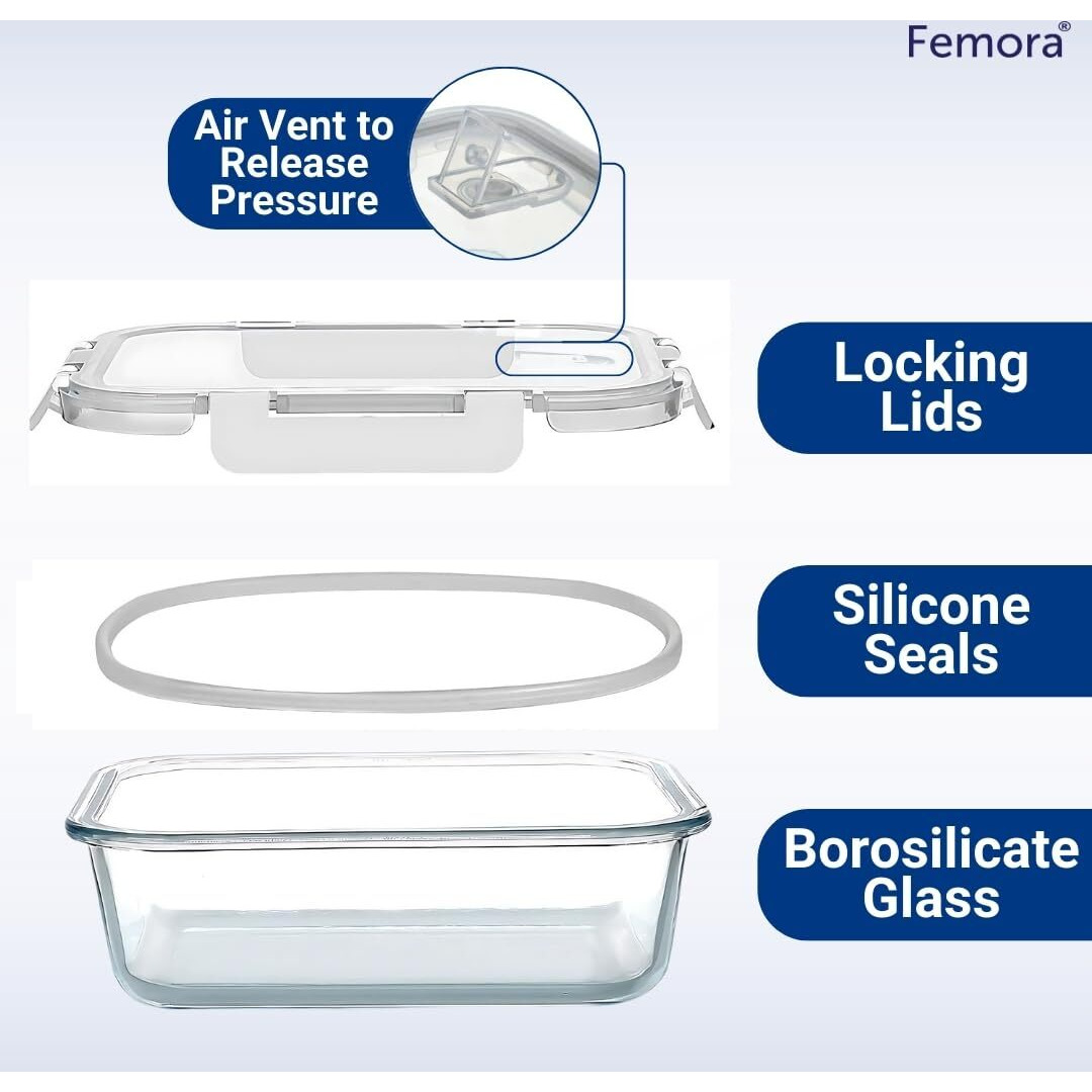Femora Borosilicate Glass Containers For Kitchen | 1 Year Warranty | Container Boxes For Storage, Storage Box For Kitchen With Air Vent Lid, Microwave Safe, Rectangular (Set Of 2-1000Ml Each)
