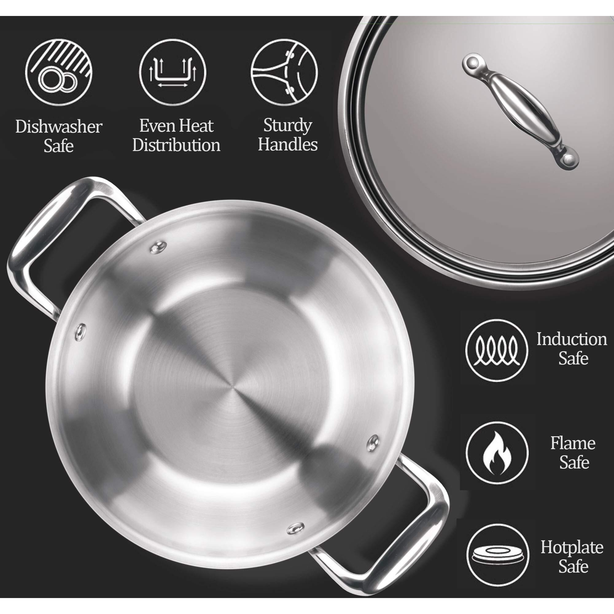 Milton Pro Cook Triply Stainless Steel 28 Cm Kadai With Lid, 4.6 Litres, 3 Layer Kadhai For Cooking, Induction Bottom And Gas Stove Ready Cookware, Easy To Clean, 3 Years Warranty