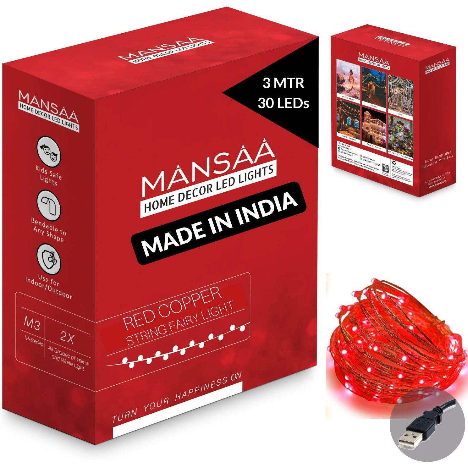 Mansaa Lights For Home Decoration | 18 Months Warranty | 3 Meter, 30 Leds | Fairy Lights, Diwali Light, Led Lights, String Lights For Home Decoration, Usb Operated - M51 (Red, Pack Of 1)