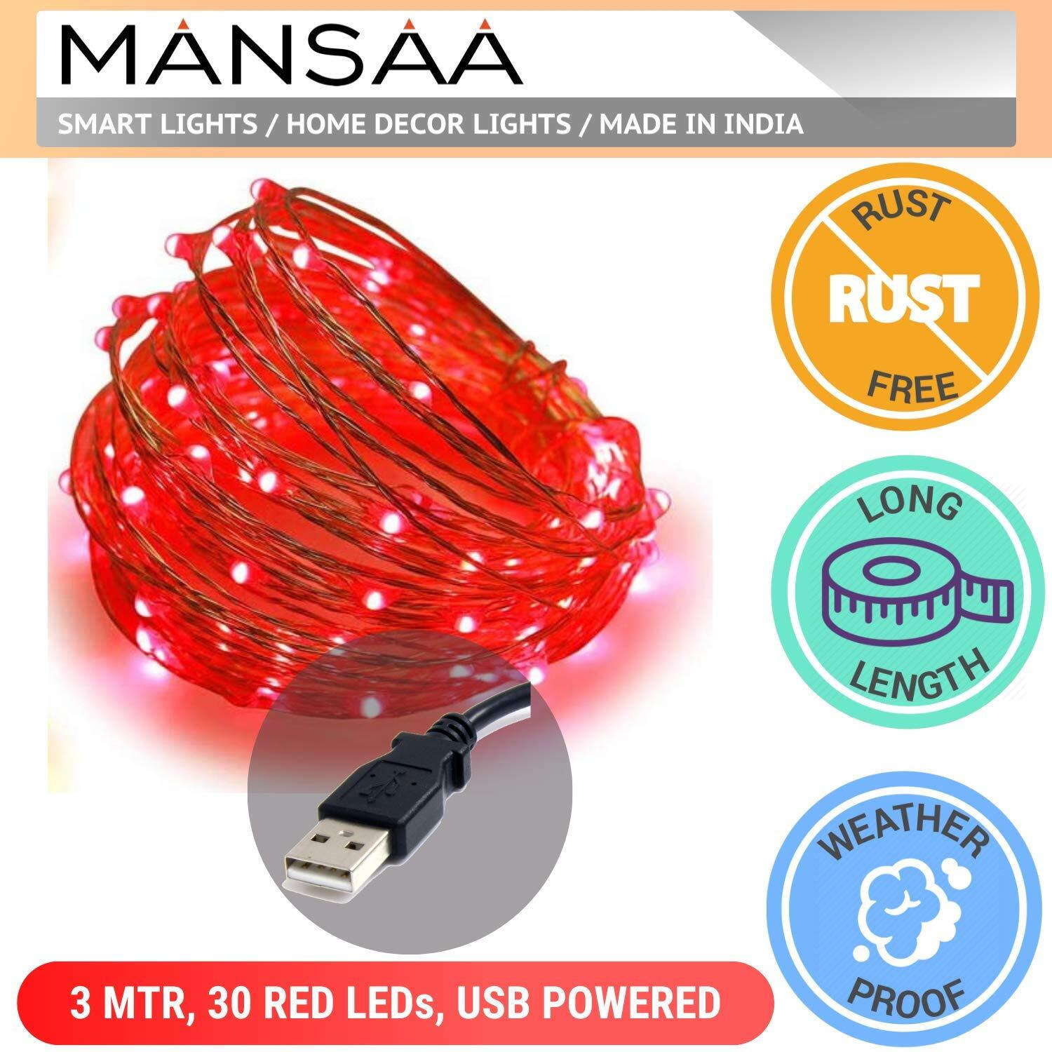 Mansaa Lights For Home Decoration | 18 Months Warranty | 3 Meter, 30 Leds | Fairy Lights, Diwali Light, Led Lights, String Lights For Home Decoration, Usb Operated - M51 (Red, Pack Of 1)