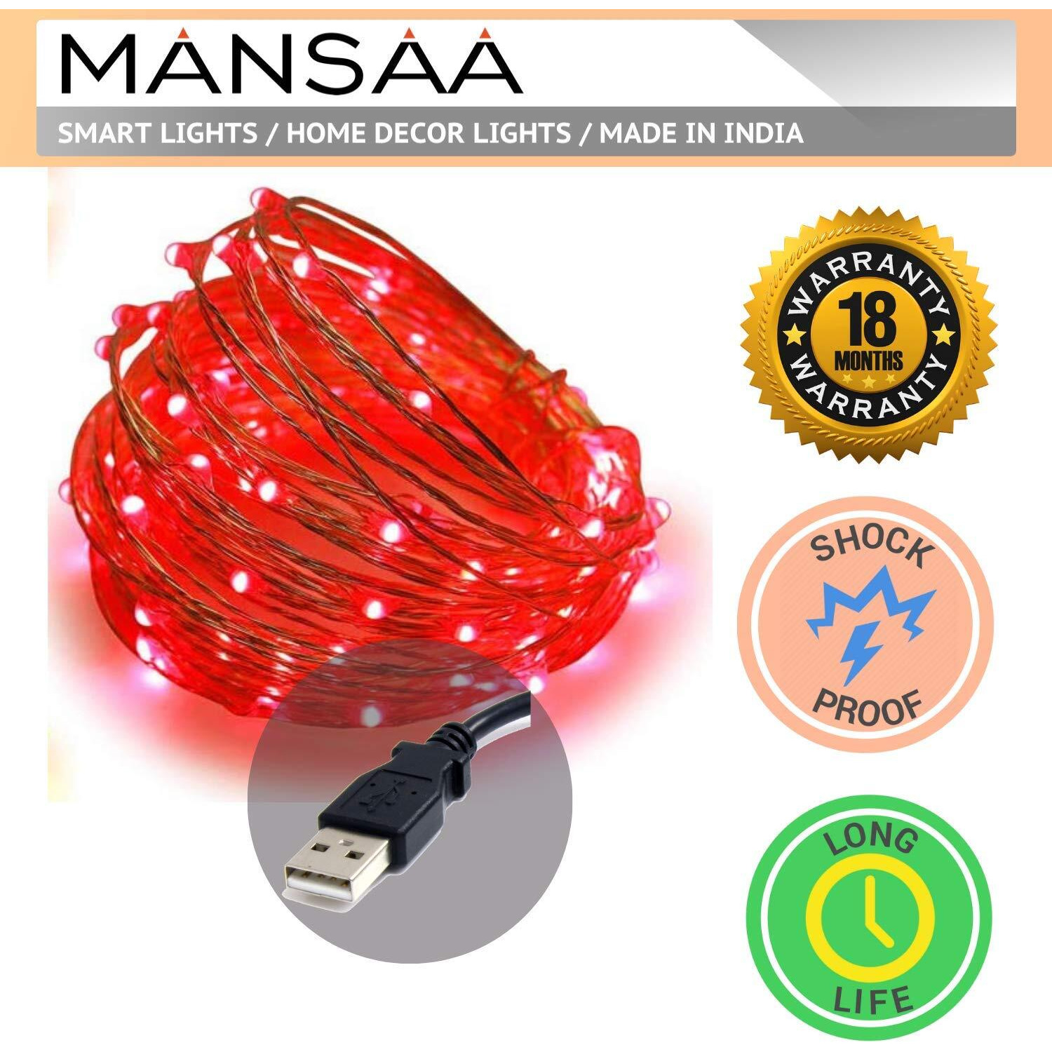 Mansaa Lights For Home Decoration | 18 Months Warranty | 3 Meter, 30 Leds | Fairy Lights, Diwali Light, Led Lights, String Lights For Home Decoration, Usb Operated - M51 (Red, Pack Of 1)