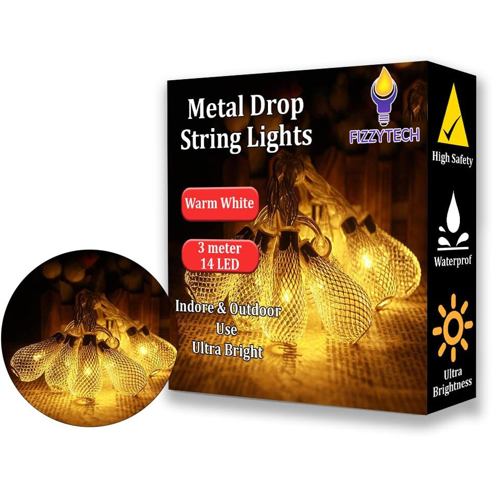 Fizzytech Metal Drop String Lights Of Home Decoration Diwali Light For Party Birthday Diwali Christmas Navratri Valentine Gift Home Decoration Light (3 Meter 14 Led, Warm White)