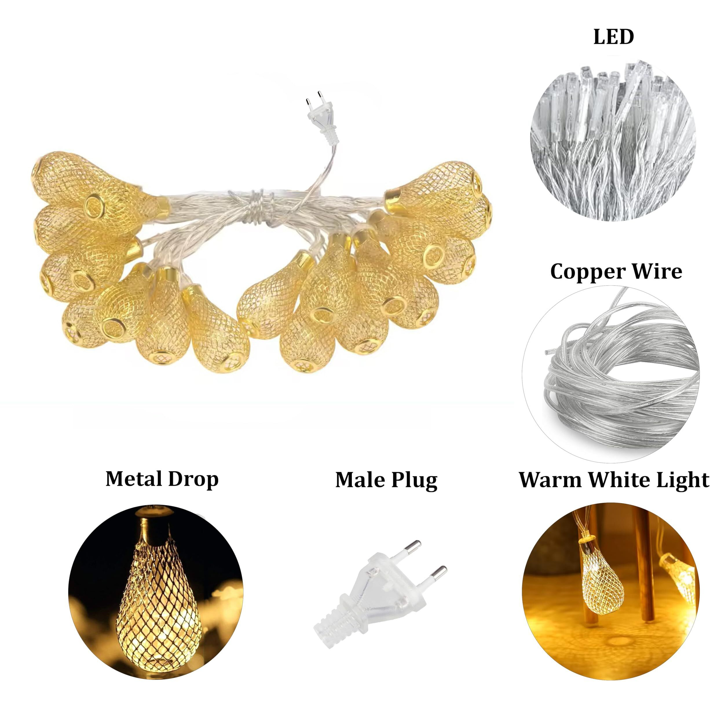 Fizzytech Metal Drop String Lights Of Home Decoration Diwali Light For Party Birthday Diwali Christmas Navratri Valentine Gift Home Decoration Light (3 Meter 14 Led, Warm White)