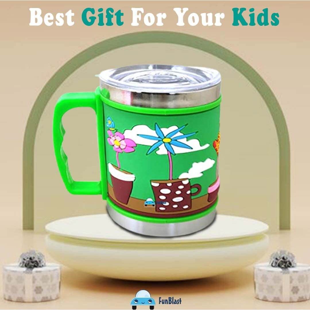 Funblast Milk Drinking Mug For Kids - Stainless Steel Mug Embossed Insulated Hot And Cold Coffee/Milk/Tea Mug For Kids And Adults, Milk Cup With Lid For Kids, Boys Girls - Multicolor, 270 Ml