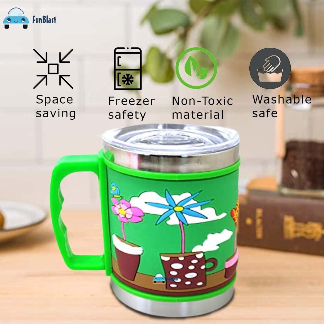 Funblast Milk Drinking Mug For Kids - Stainless Steel Mug Embossed Insulated Hot And Cold Coffee/Milk/Tea Mug For Kids And Adults, Milk Cup With Lid For Kids, Boys Girls - Multicolor, 270 Ml