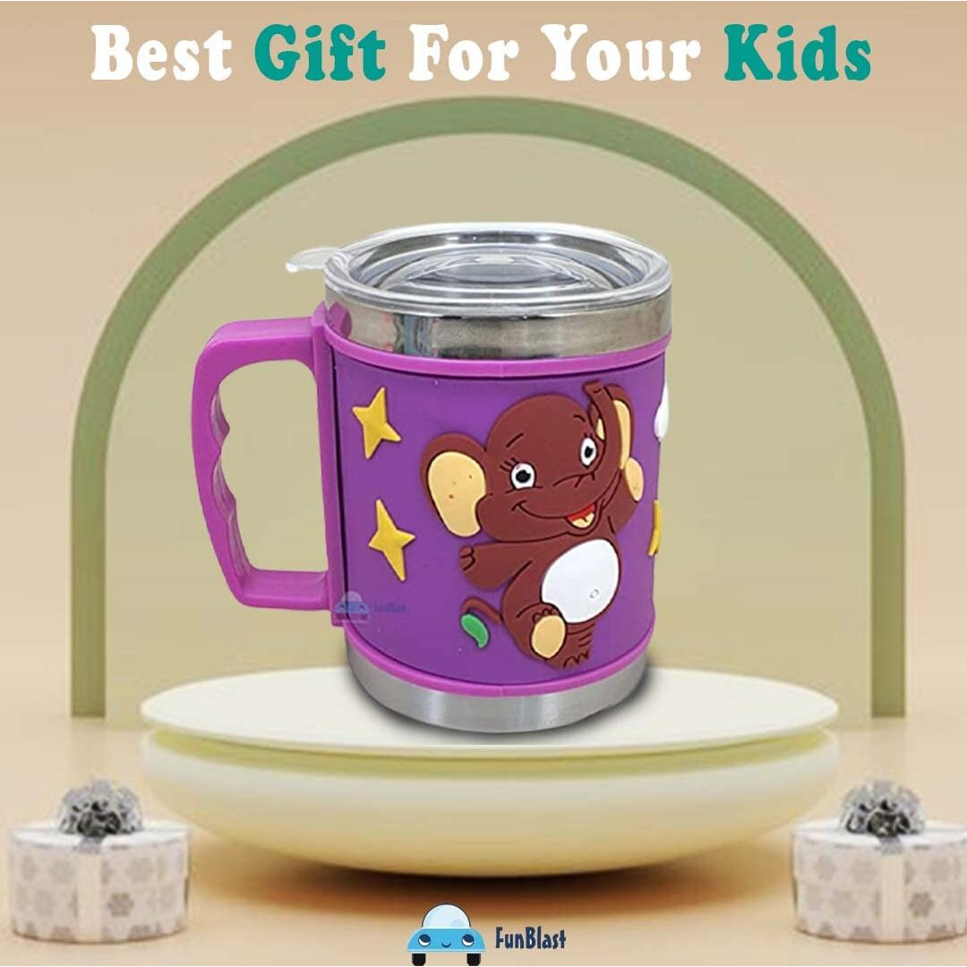Funblast Stainless Steel Mug Emboss Hot And Cold Coffee/Milk/Tea Mug For Kids Cartoon Print Soft Rubber Design Cup - Multicolor, 350 Ml