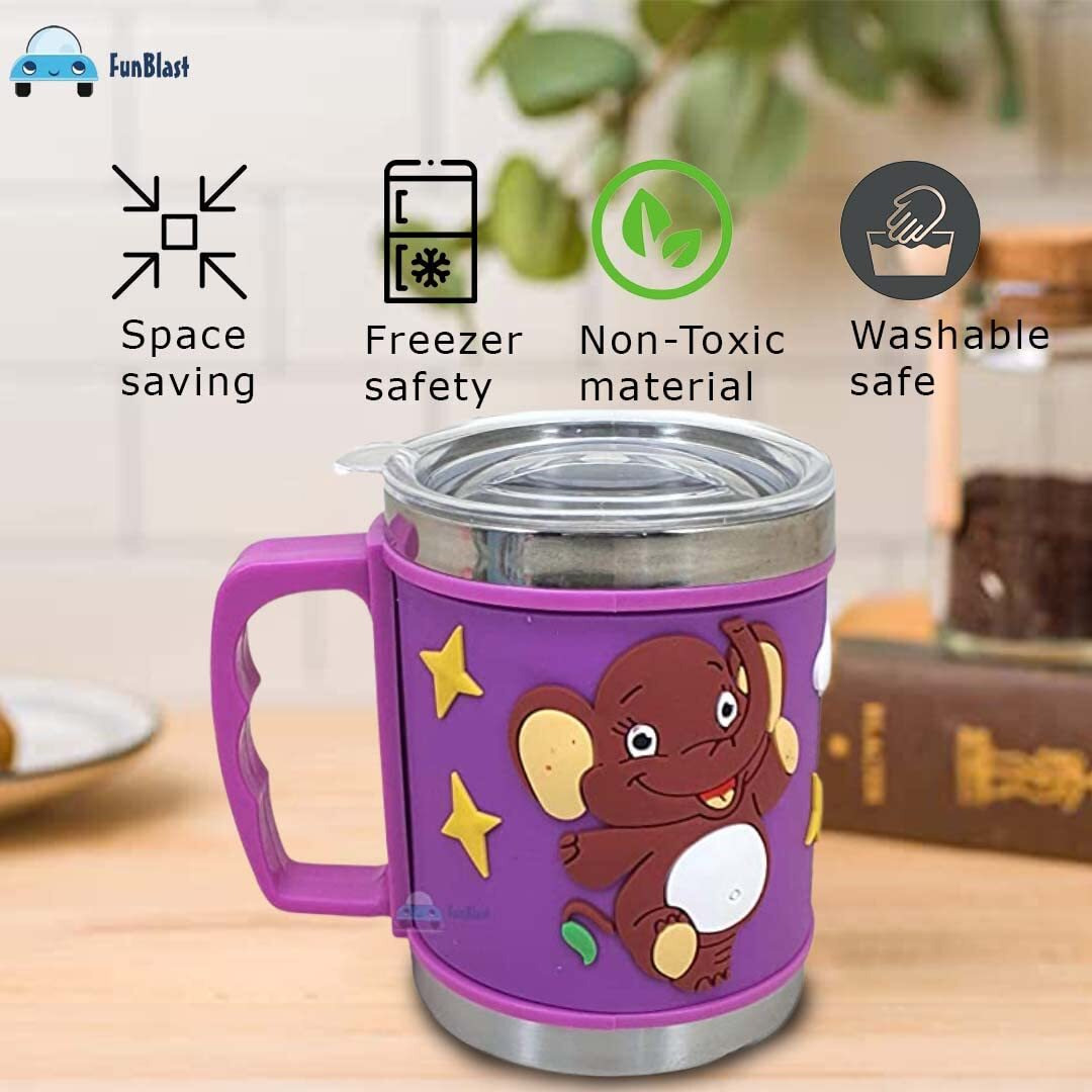 Funblast Stainless Steel Mug Emboss Hot And Cold Coffee/Milk/Tea Mug For Kids Cartoon Print Soft Rubber Design Cup - Multicolor, 350 Ml