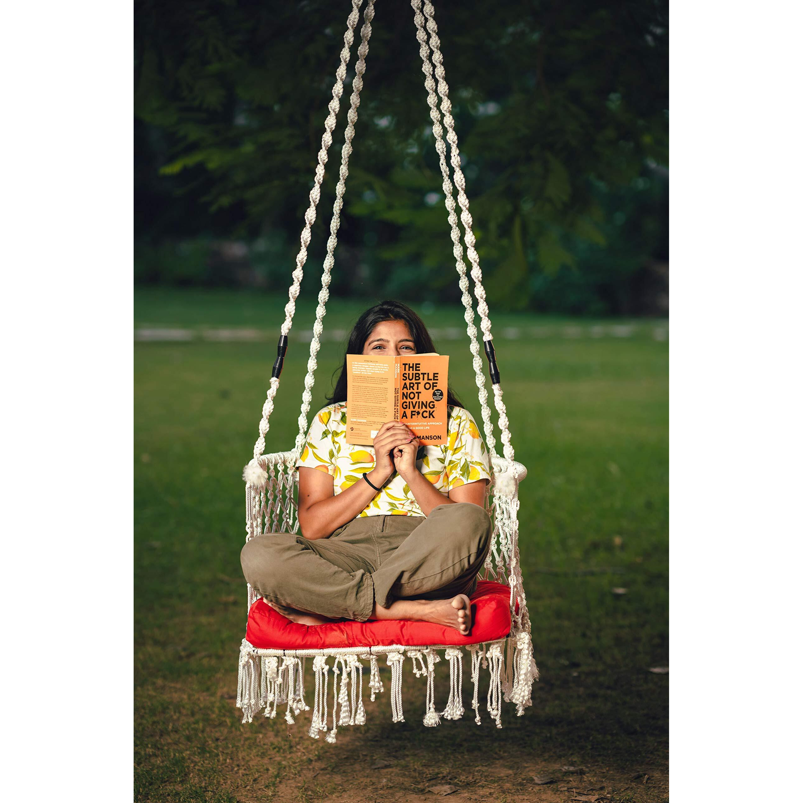 Patiofy Made In India Premium Single Seater Cotton Swing Chair For Adults,Kids Hammock-Hanging Chair Swing With Cushion And Accessories (White)