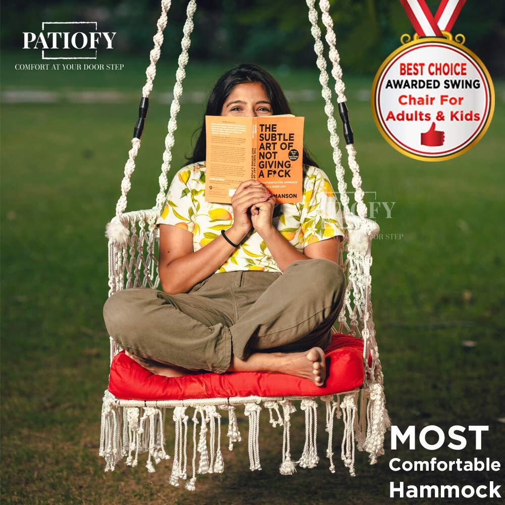 Patiofy Made In India Premium Single Seater Cotton Swing Chair For Adults,Kids Hammock-Hanging Chair Swing With Cushion And Accessories (White)