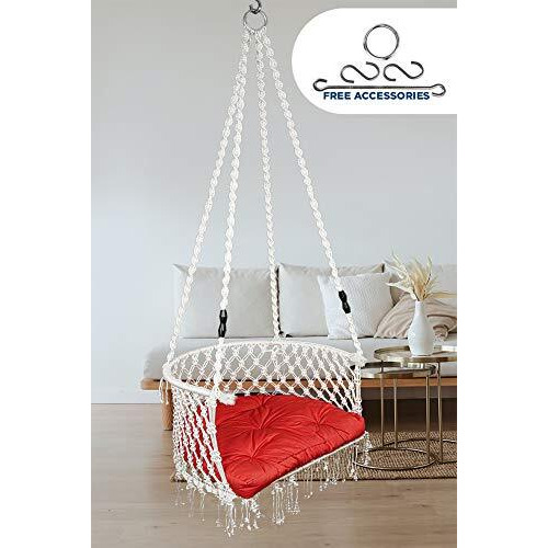 Patiofy Made In India Premium Single Seater Cotton Swing Chair For Adults,Kids Hammock-Hanging Chair Swing With Cushion And Accessories (White)