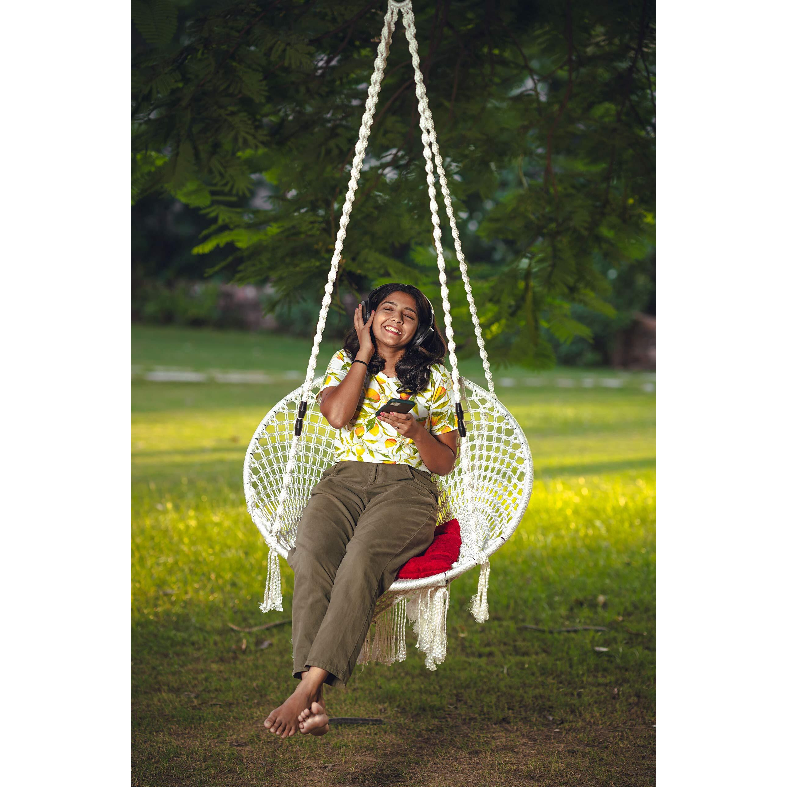 Patiofy Polyester Premium Round Shape Large Hammock Hanging Swing Chair For Adults&Kids/Swing For Adults For Home/Swing For Balcony Garden/Jhula For Adults With Cushion&Hanging Kit(33X33X63 In-White)
