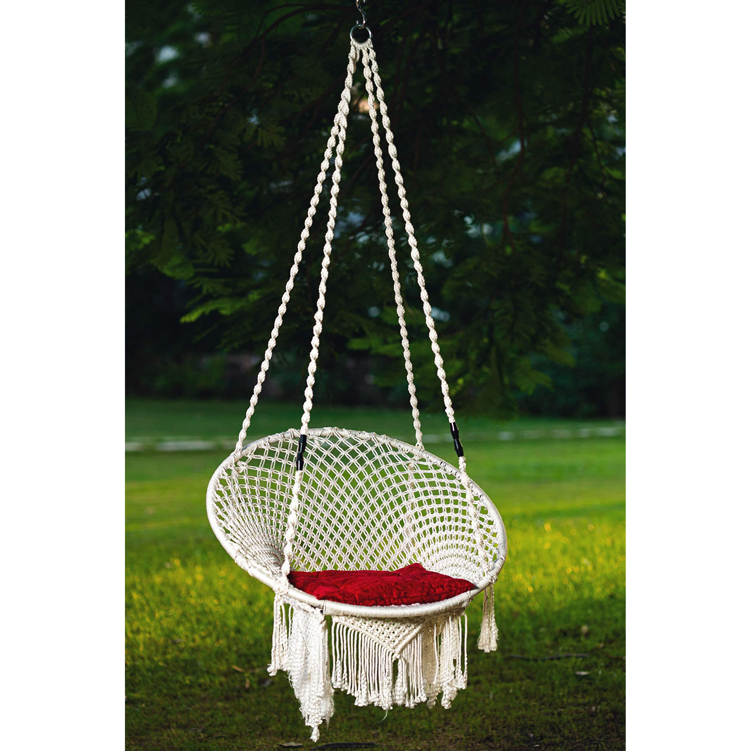 Patiofy Polyester Premium Round Shape Large Hammock Hanging Swing Chair For Adults&Kids/Swing For Adults For Home/Swing For Balcony Garden/Jhula For Adults With Cushion&Hanging Kit(33X33X63 In-White)