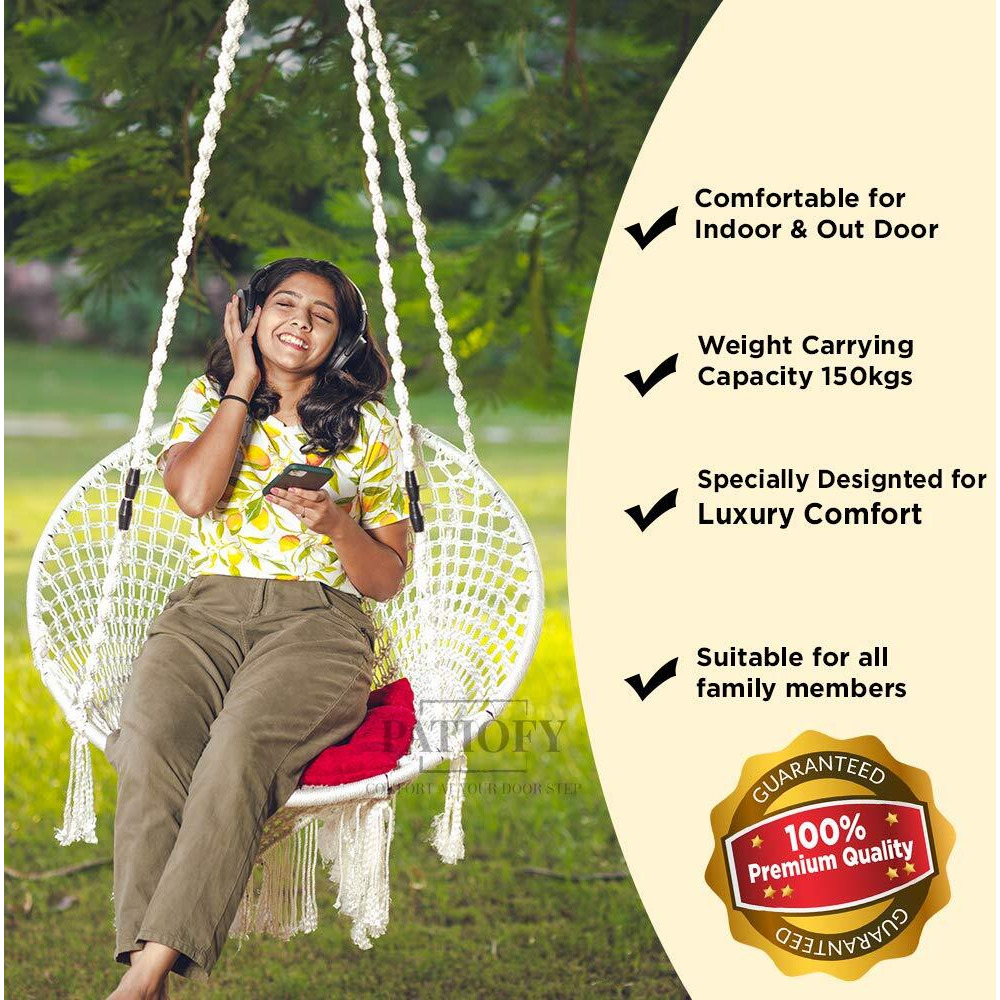 Patiofy Polyester Premium Round Shape Large Hammock Hanging Swing Chair For Adults&Kids/Swing For Adults For Home/Swing For Balcony Garden/Jhula For Adults With Cushion&Hanging Kit(33X33X63 In-White)