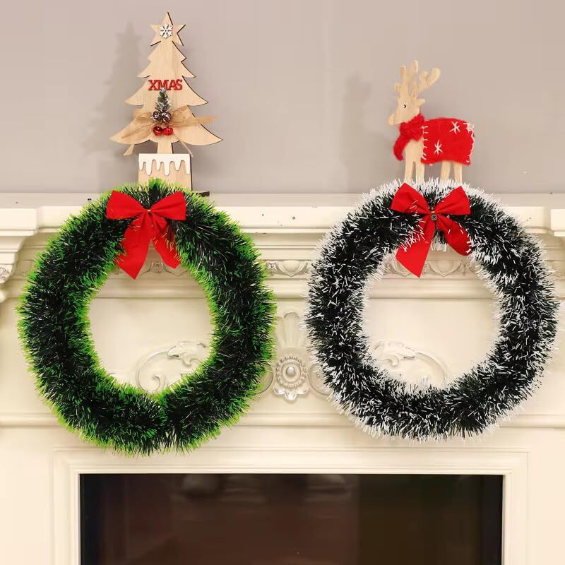 Craftvatika Set Of 2 Christmas Wreath For Front Door Wall Hanging Snow Bowknot Wreath Garland Christmas Tree Ornaments Xmas Decoration (Green & Snow Green)