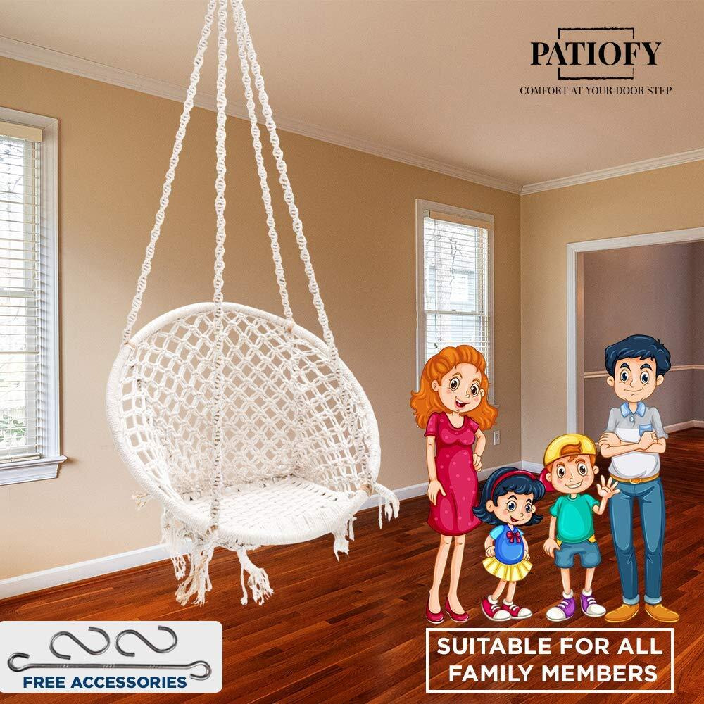 Patiofy Single Seater Home Swing For Adults&Kids|Suitable For Living Room/Balcony/Outdoor|Capacity Upto 120 Kgs|Includes Free Hanging Accessories|Handmade Jhula With Premium White Cotton Rope, 66 Cm