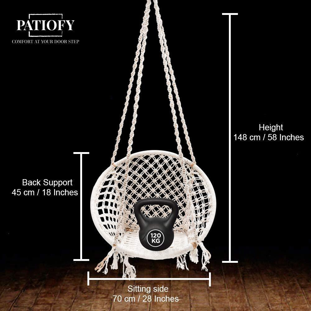Patiofy Single Seater Home Swing For Adults&Kids|Suitable For Living Room/Balcony/Outdoor|Capacity Upto 120 Kgs|Includes Free Hanging Accessories|Handmade Jhula With Premium White Cotton Rope, 66 Cm