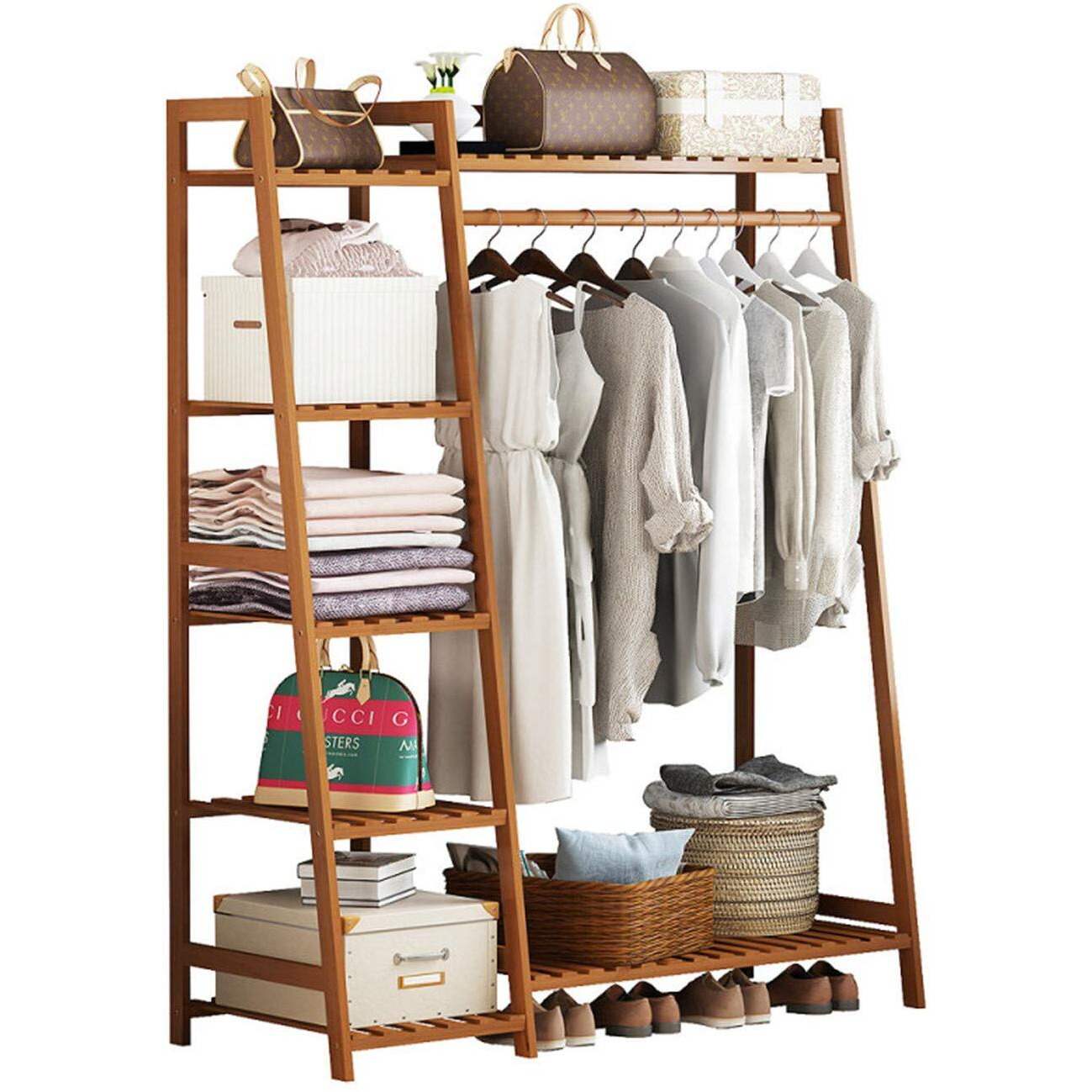 Leopax Bamboo Coat/Clothing/Garment Rack/Freestanding Storage Shelf With 5-Tier Shelf (80 * 40 * 140Cm, Natural)