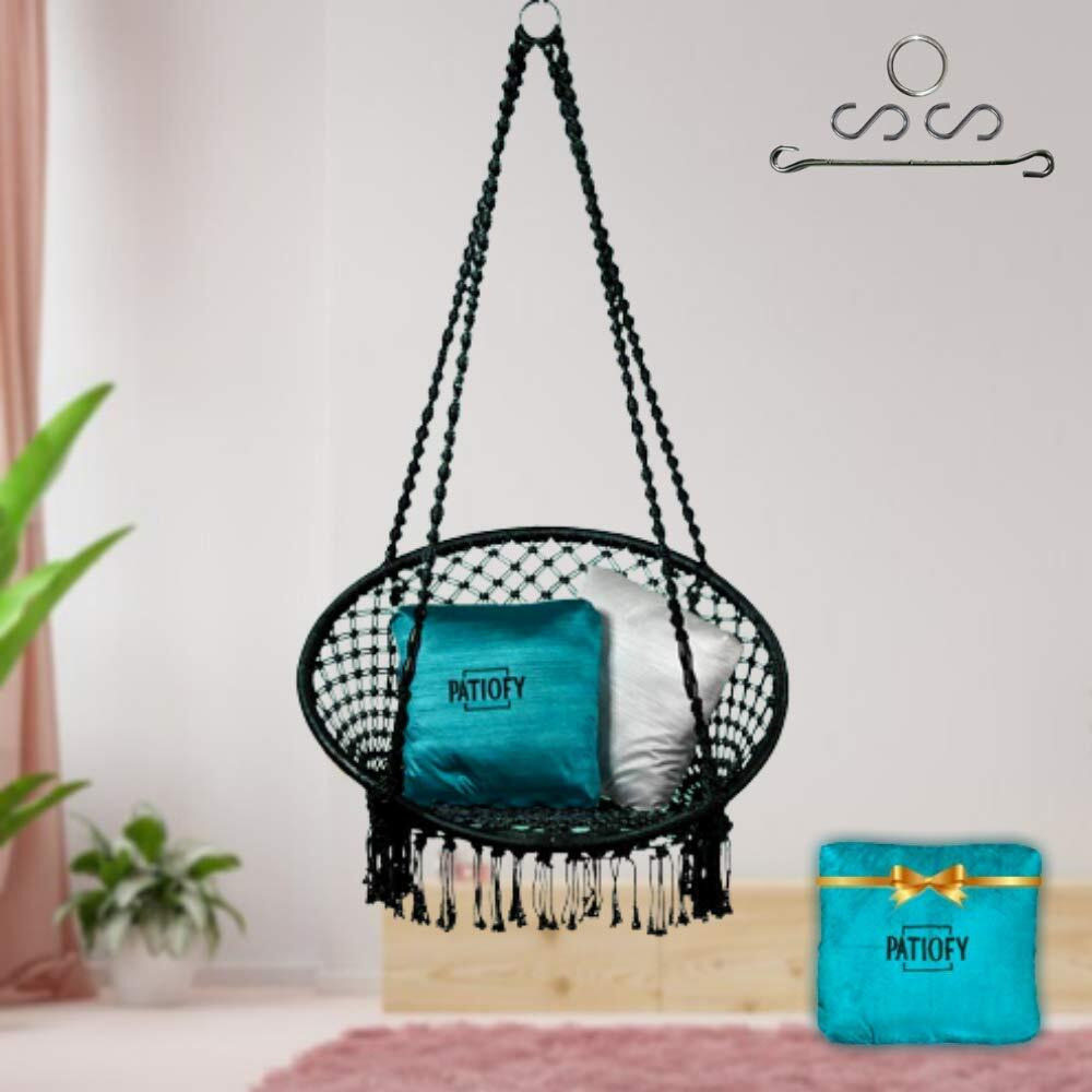 Patiofy Made In India Premium Comfy Series Swing Chair Hammock Hanging Cotton Chair With Cushion & Accessories For Indoor & Outdoor/120 Kgs Capacity/Swing Chair With 1 Cushion For Kids & Adults-Black