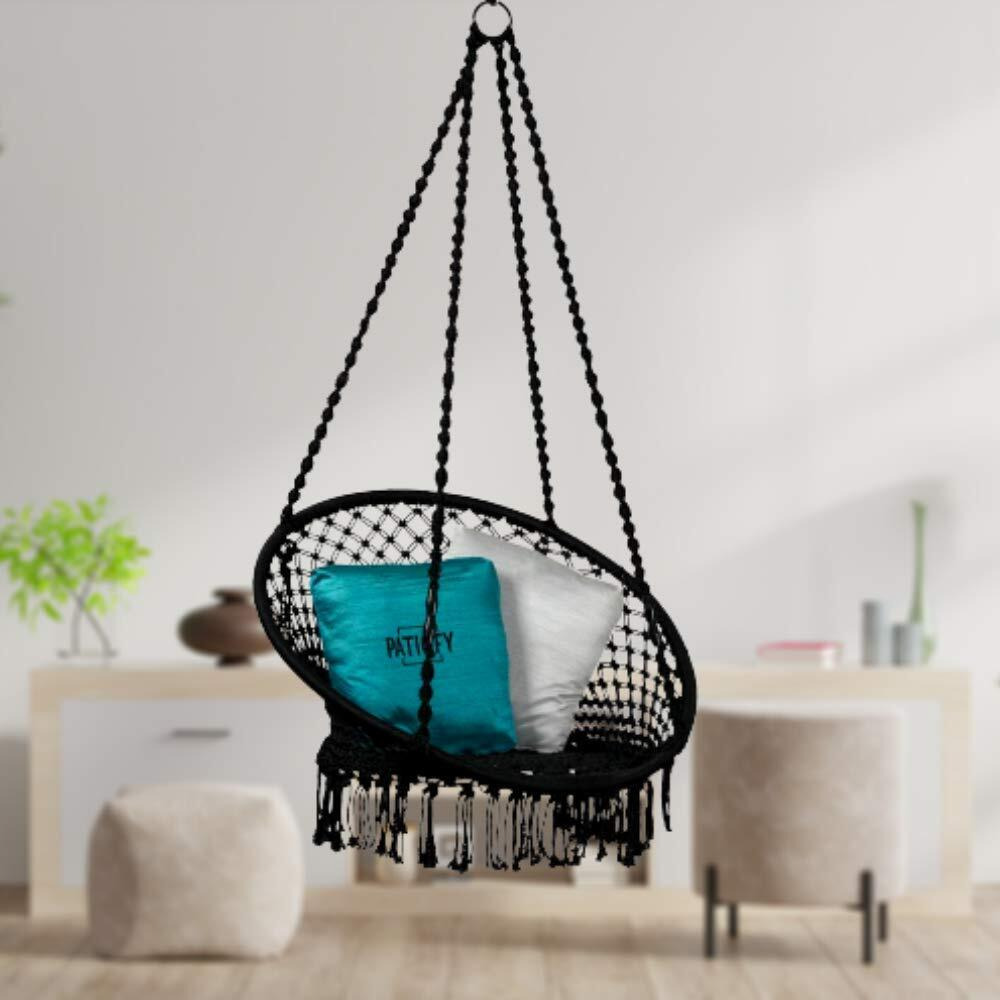 Patiofy Made In India Premium Comfy Series Swing Chair Hammock Hanging Cotton Chair With Cushion & Accessories For Indoor & Outdoor/120 Kgs Capacity/Swing Chair With 1 Cushion For Kids & Adults-Black